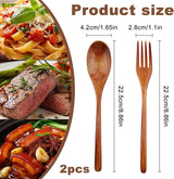 2Pcs Wooden Spoons and Forks - Reusable Wooden Utensil Set - Handmade Flatware Tableware Cutlery for Cooking Eating Kitchen Travel and Camping