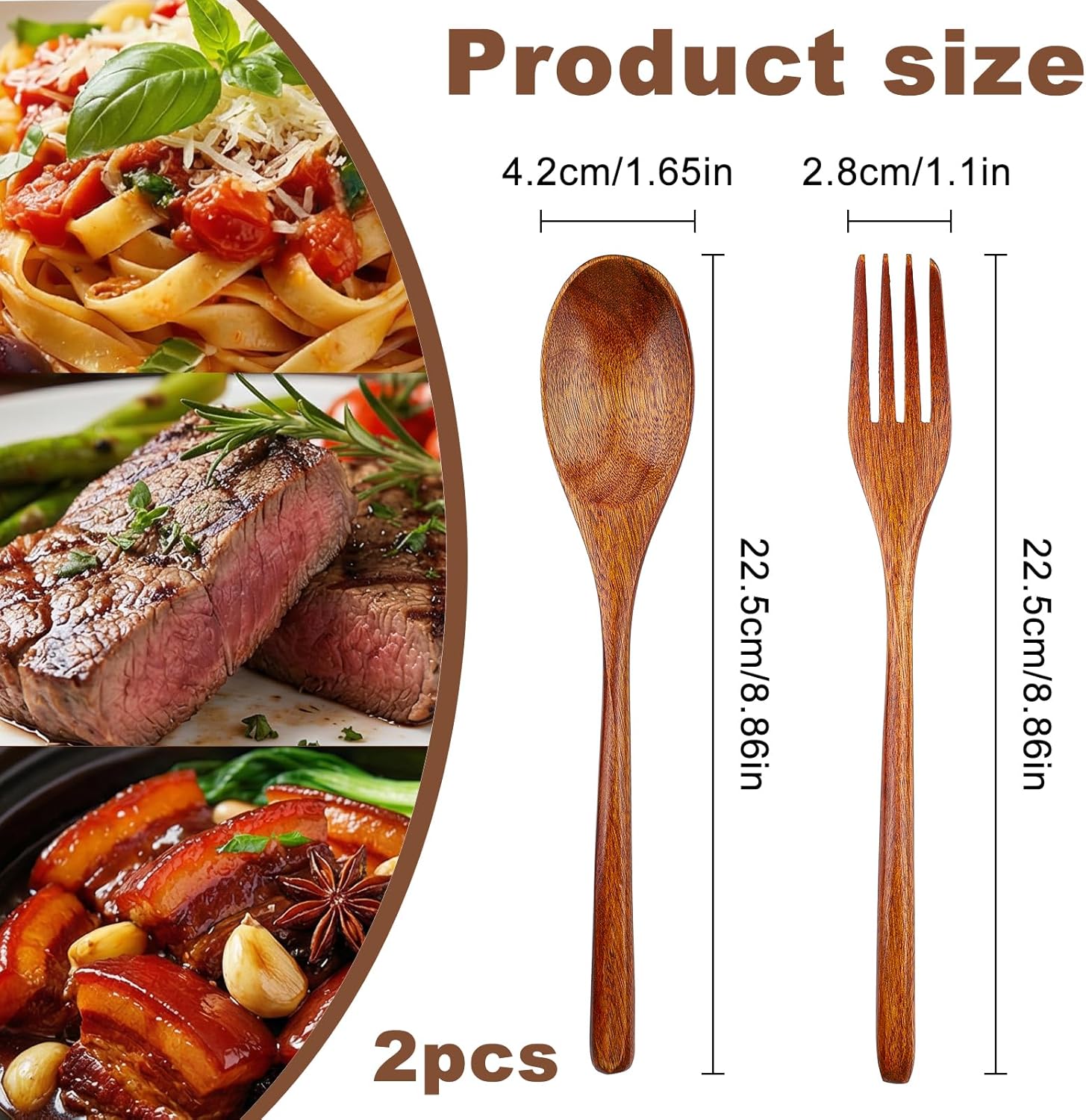 2Pcs Wooden Spoons and Forks - Reusable Wooden Utensil Set - Handmade Flatware Tableware Cutlery for Cooking Eating Kitchen Travel and Camping
