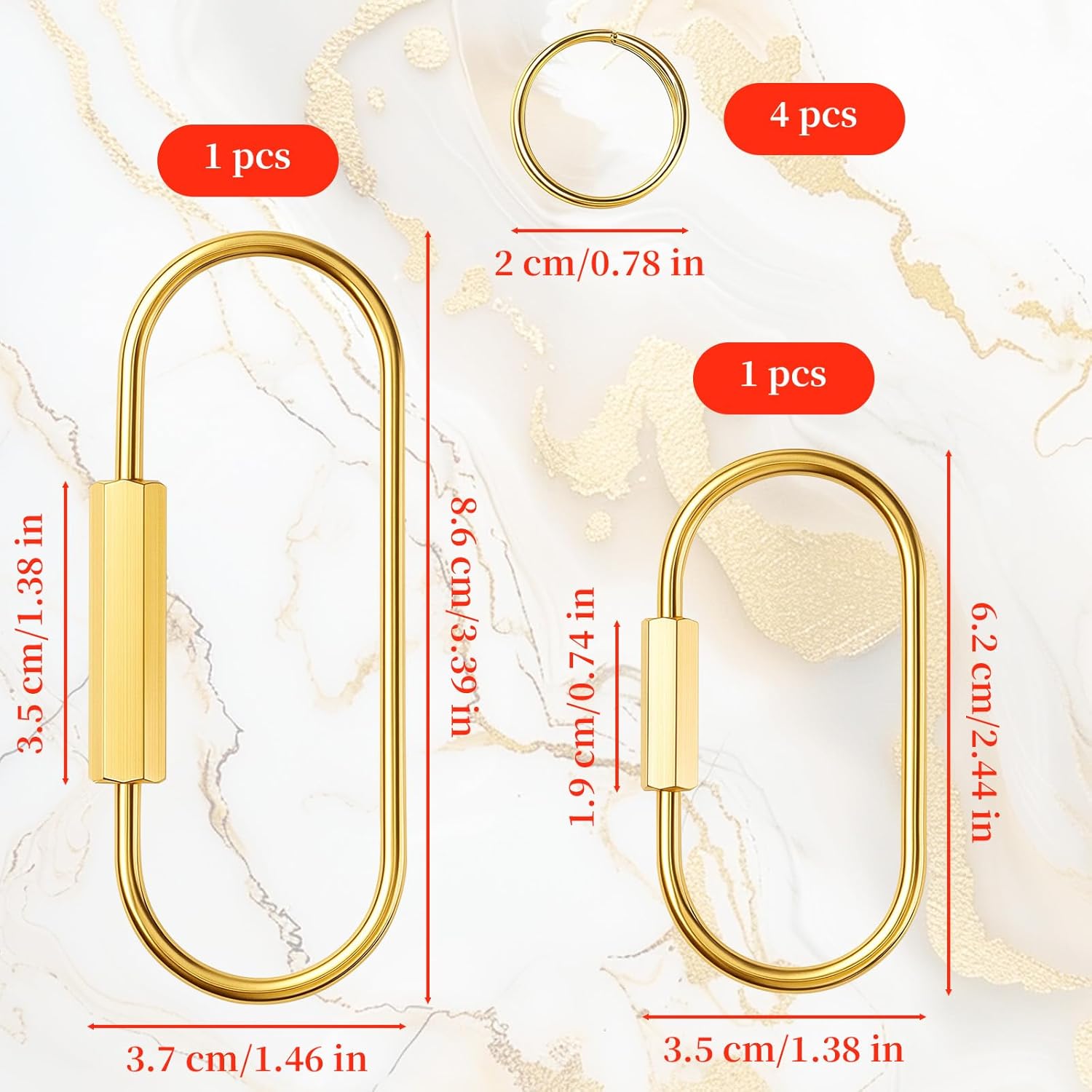 2-Pack Gold Brass Screw Lock Keychains with 4 Rings, Gold Carabiner Key Ring Keychain - 2 Sizes Keychain Clip Tool for Luggage Tags, Key Tags, Keyrings, Purse Bag Charms
