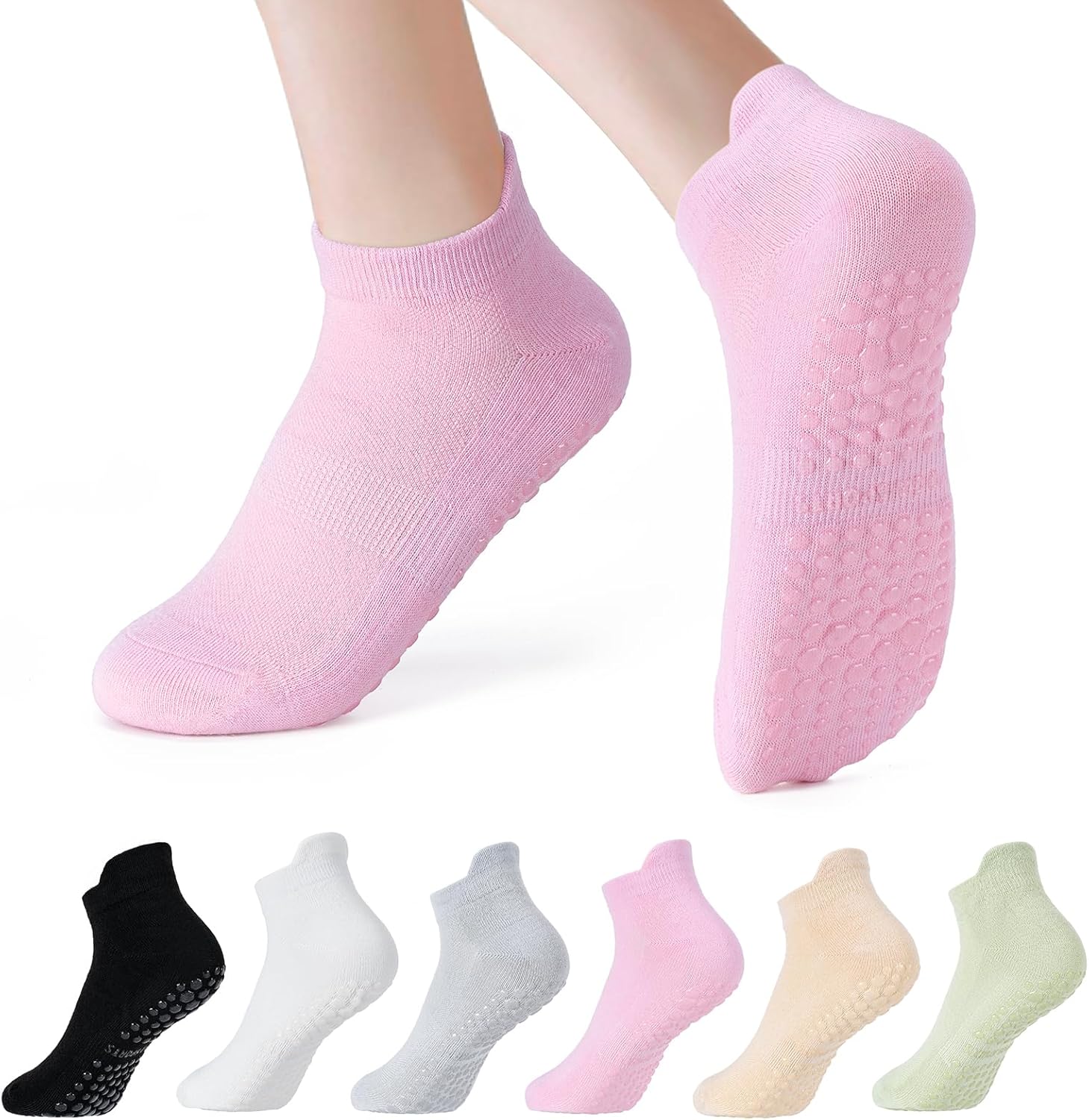 6 Pairs Breathable Women's Yoga Socks with Grippers Anti-Slip Sports Pilates Socks Suitable for Barre, Dance, Hospital, Home Use