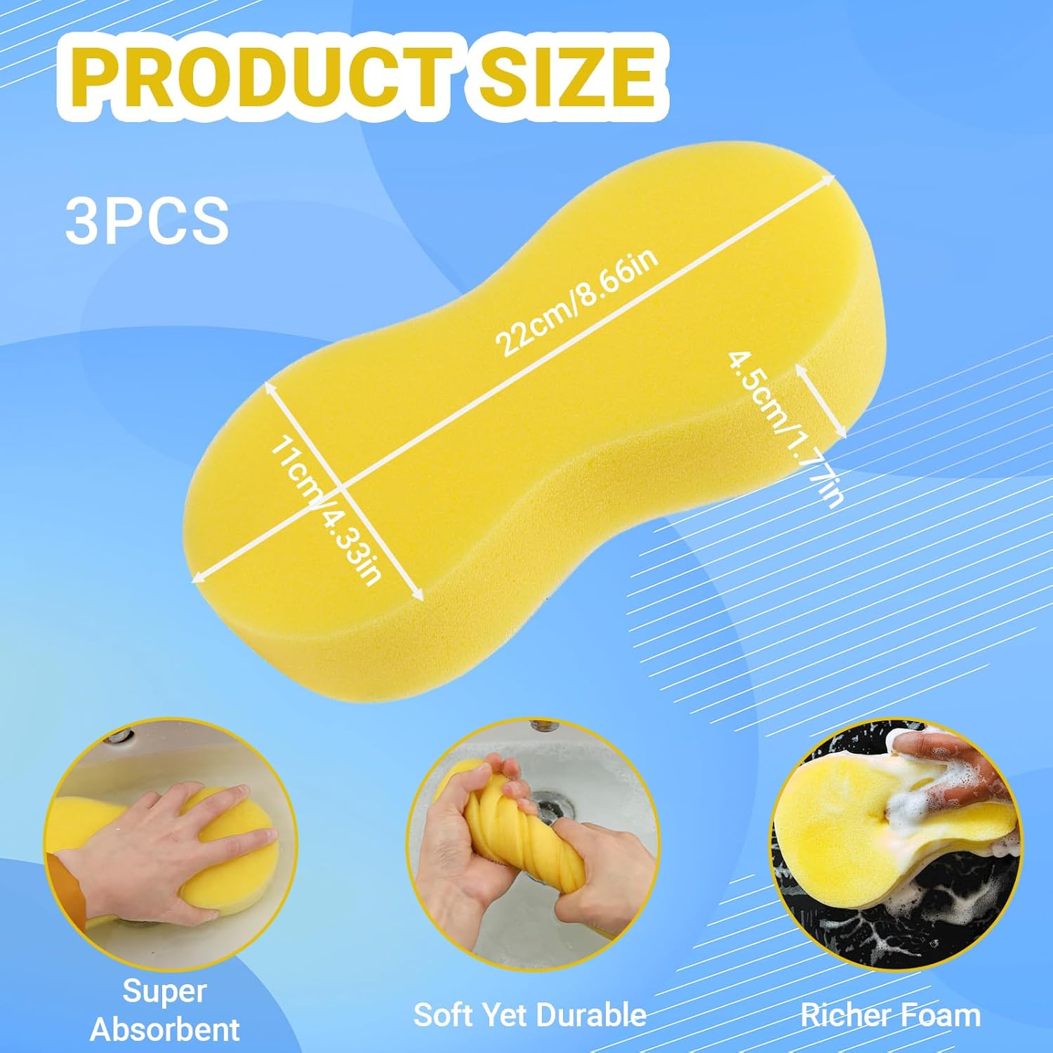 3-Pack Car Wash Sponges, 8.7" x 4.3" Large Sponges - Extra Thick Foam Cleaning Sponge for All-Purpose Cleaning, Ideal Washing Sponges for Kitchen, Bathroom, Household
