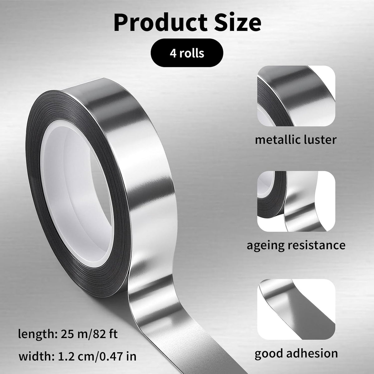 4 Rolls/110 Yard Metallic Mirror Tape - Silver 1/2'' Decorative Tapes - Self Adhesive Polyester Film Decor Tapes - DIY Graphic Art Tape - Wall Decor TV Frame Crafts Gift Box Wrapping