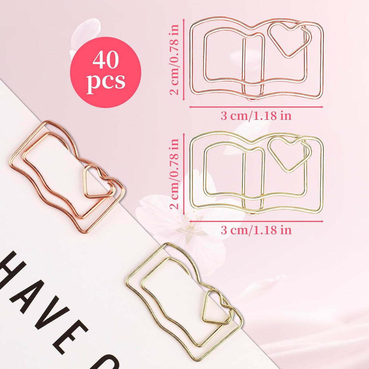 40-Pack Book-Shaped Paper Clips - Rose Gold & Gold Decorative Planner Clips Paperclips (1.18") for Office, School, Wedding, Journals - Cute Bookmark Clips for Gifts & Stationery Supplies