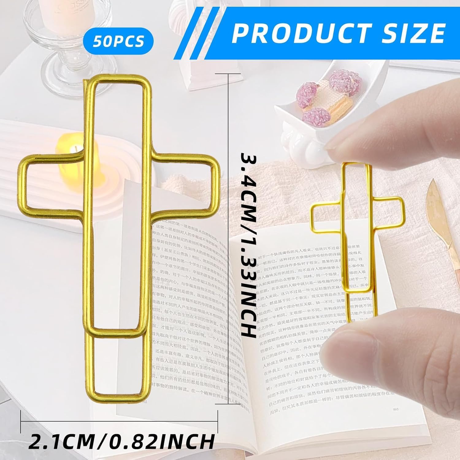 Cross Paper Clips Gold - 50 Pack Versatile Bible Study Supplies - Christian Bible Paper Clips Clamps, Also Great as Journaling Paper Clips and Bookmarks Paperclips for Office School Home Use