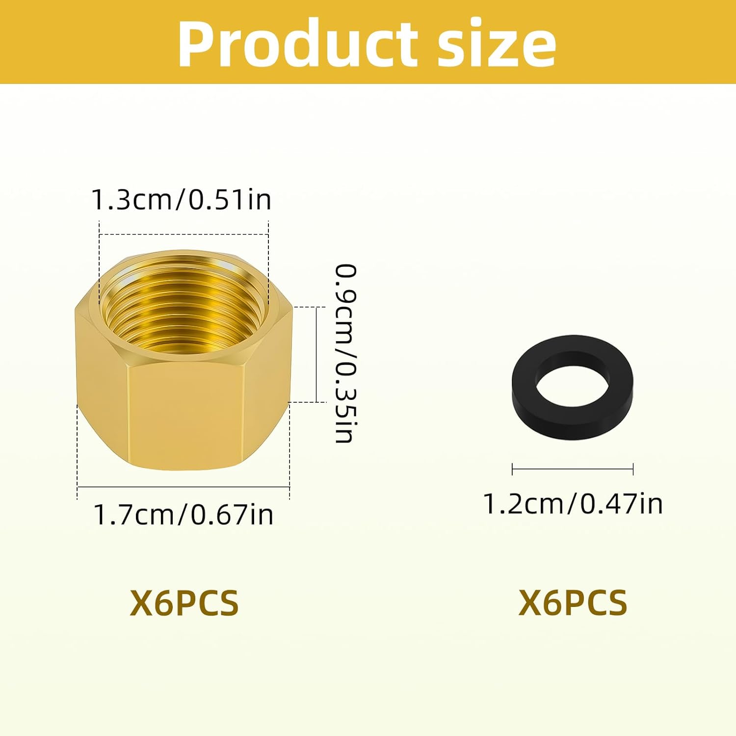 6pcs Brass Pipe Cap, 1/4 Inch NPT Hex Head Pipe Fitting Caps with Rubber Gasket Faucet Valve Caps Brass Compression Cap for Closing off Pipes