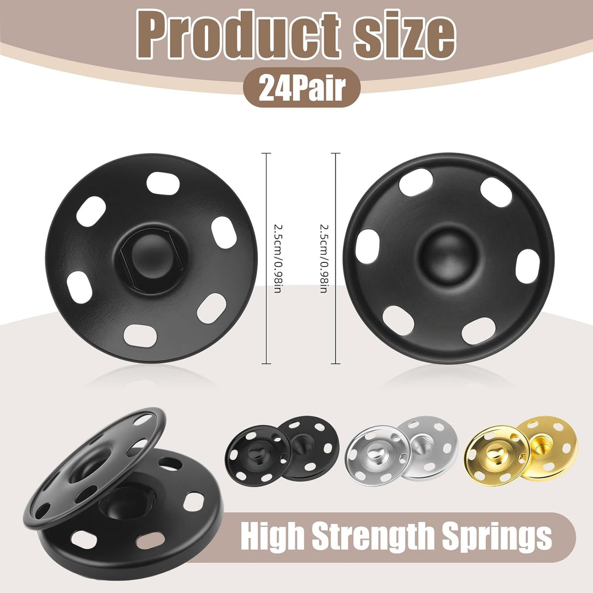 1Inch/25mm Large Sew on Snap Buttons 24Set Sew-on Snaps Sewing Snaps for Fabric, Metal Snaps Fasteners Press Studs Buttons for Sewing Clothing,3 Colors