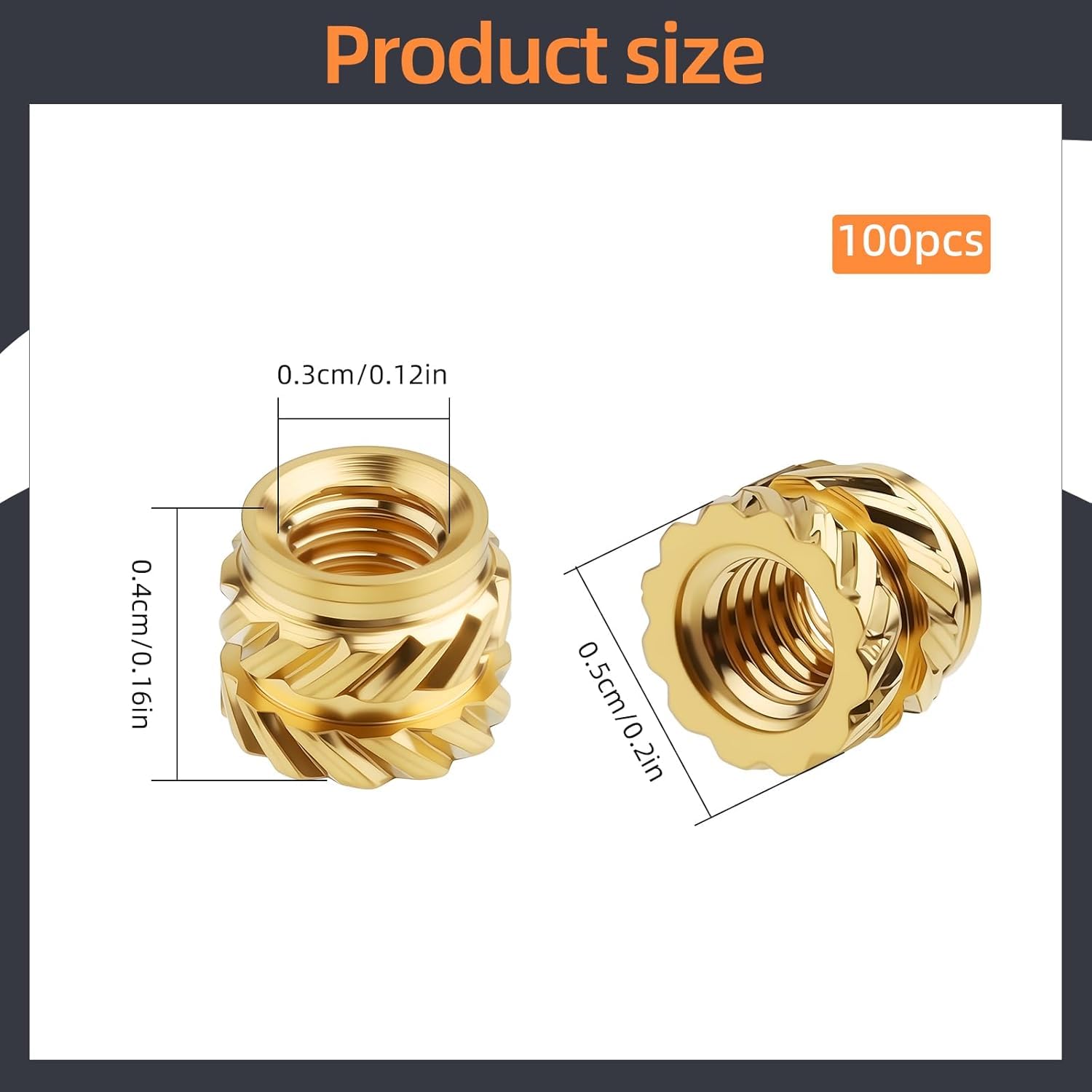 100-Pack M3 Threaded Inserts - Heat Set Inserts - M3x4x5 Female Thread Metric Knurled Nuts - Brass Insert Nut Threaded Inserts for Plastic 3D Printing Components Loptop Automotive Shell
