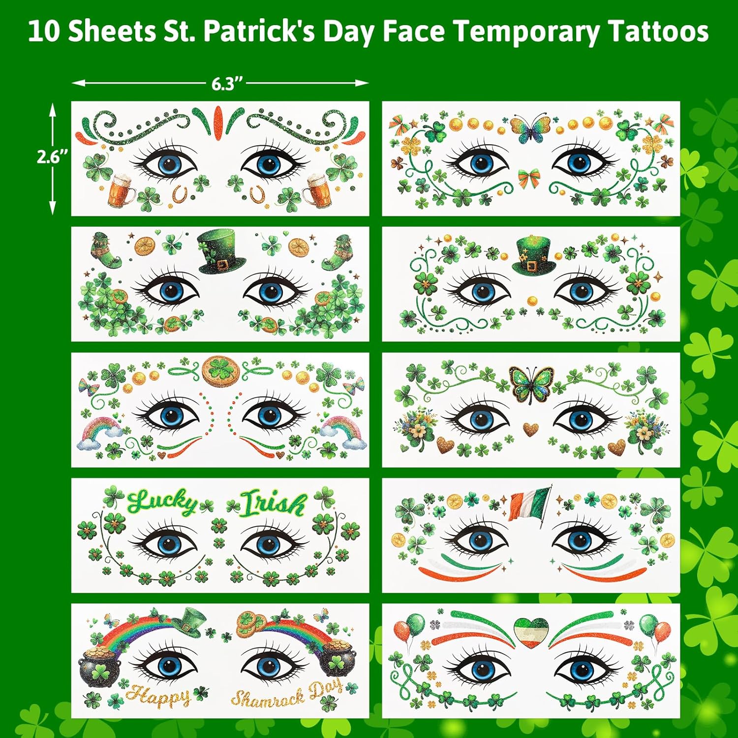 Ceiba Tree St. Patrick's Day Face Stickers Temporary Tattoos 10 Sheets Saint Patrick's Day Irish Shamrock Clover Make up Accessories for Women Kids Party Favors Decorations