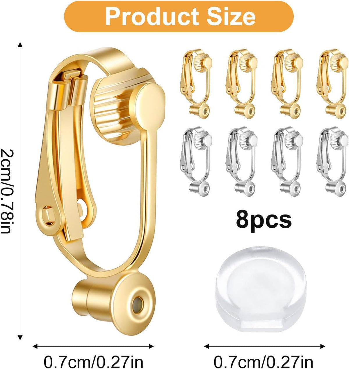 8Pcs Earring Converters Pierced to Clip on,Non-Pierced Earring Clips with 8 Silicone Pads,Convert Stud Earrings to Clip on for Non Pierced Ears (Silver, Gold)