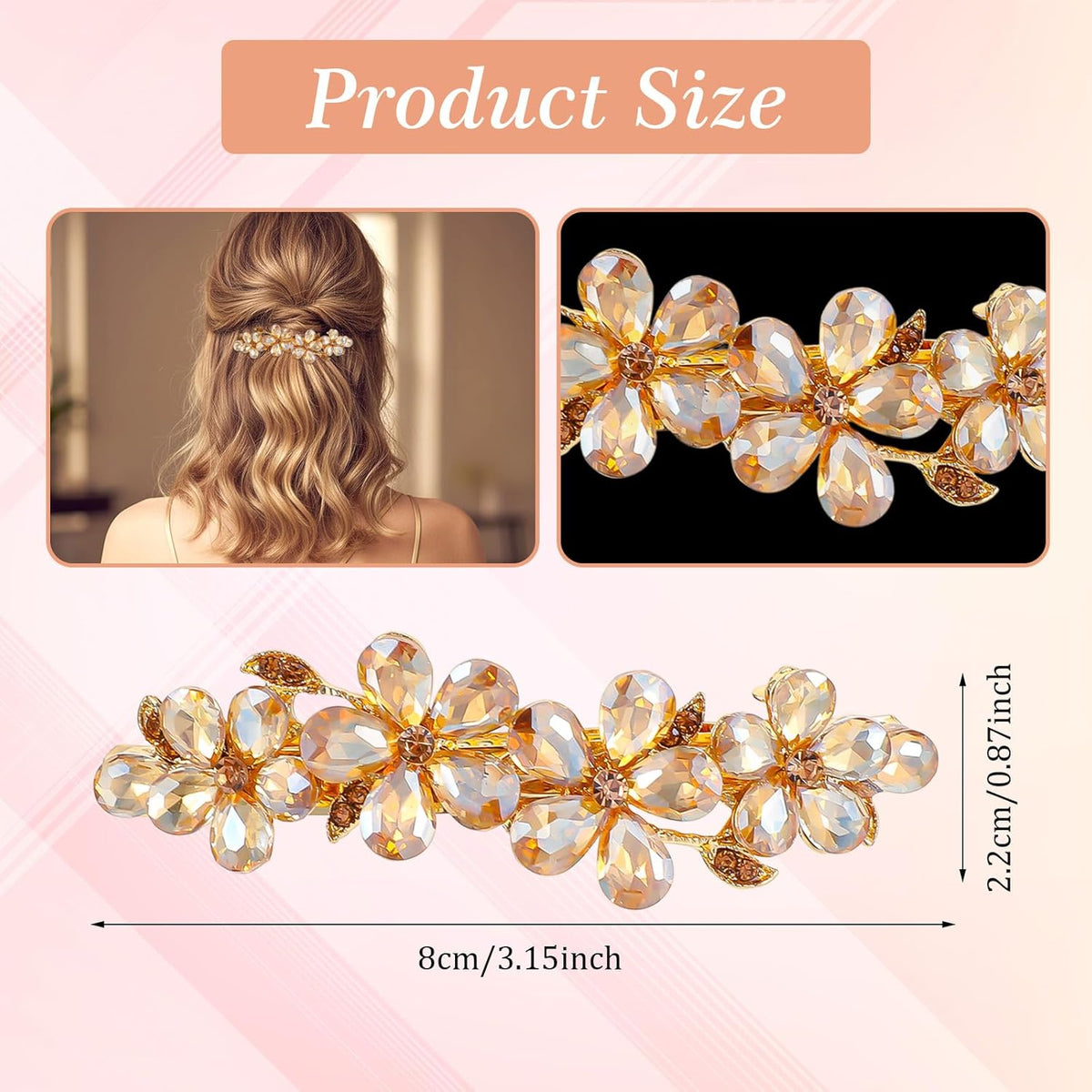 Champagne Rhinestone Hair Clips,Shimmeroo Fancy Hair Clips for Women,Flower Crystal Hairs Clip for Elegant Wedding & Party Barrettes