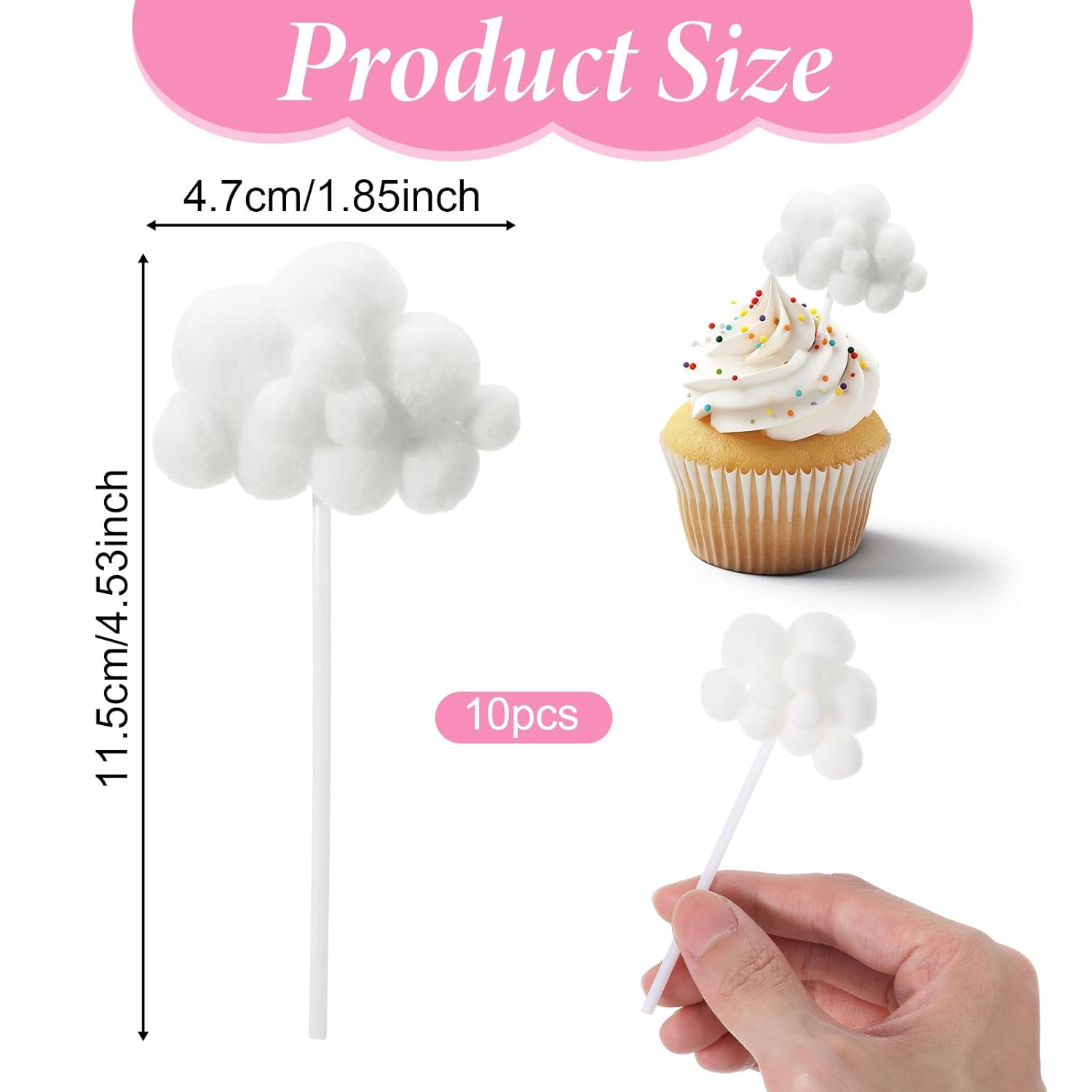 Shimmeroo 10Pcs Cupcake Cloud Decorations, Plush Cute Cloud Decorations Dessert Picks Toppers Yarn Ball Cake Picks for Baby Shower Birthday Wedding Party Supplies (White)