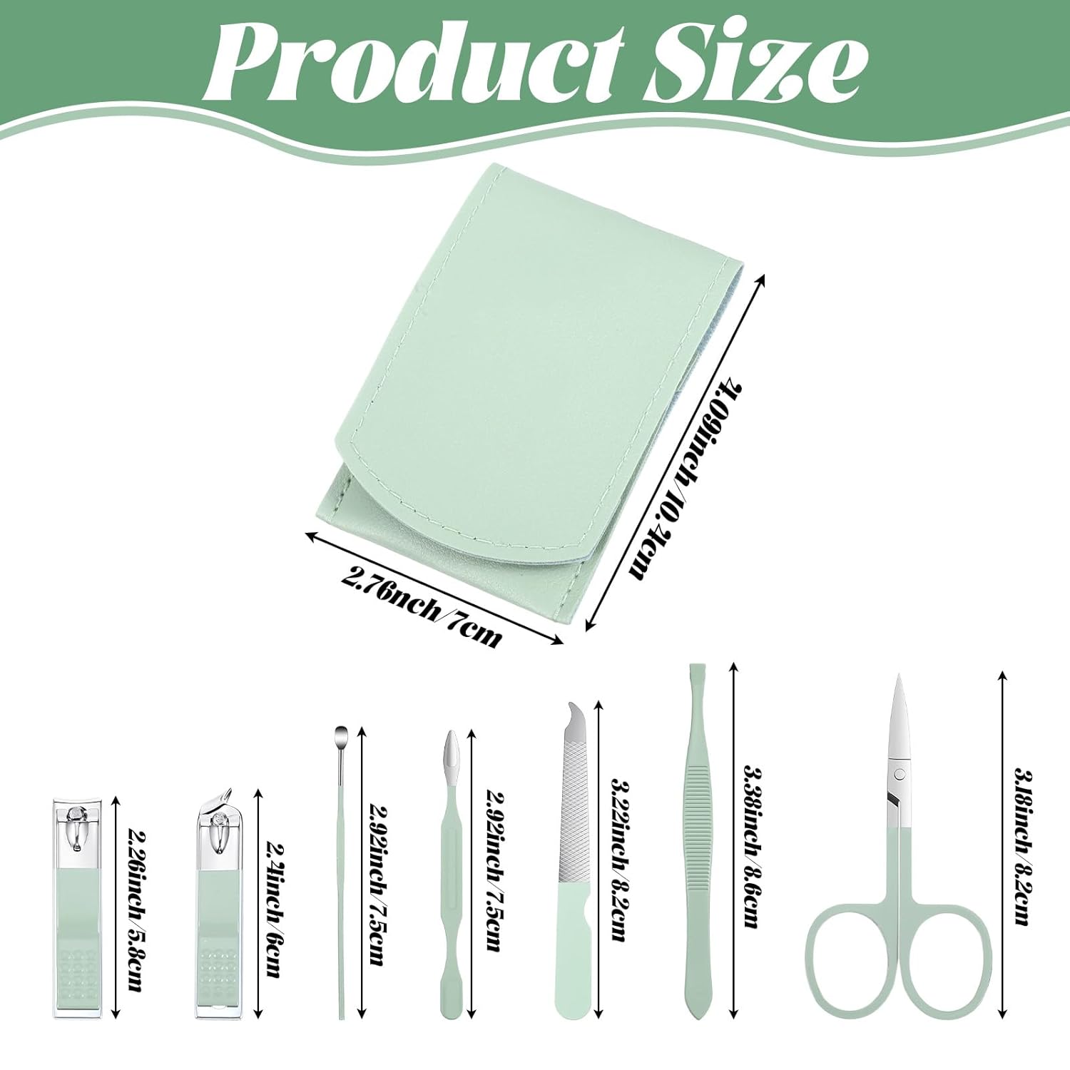 7Pcs Nail Cleaning Kit Professional Travel Nail Clippers with Green Leather Bag, Stainless Steel Manicure Kitcare Tools Grooming for Women Men