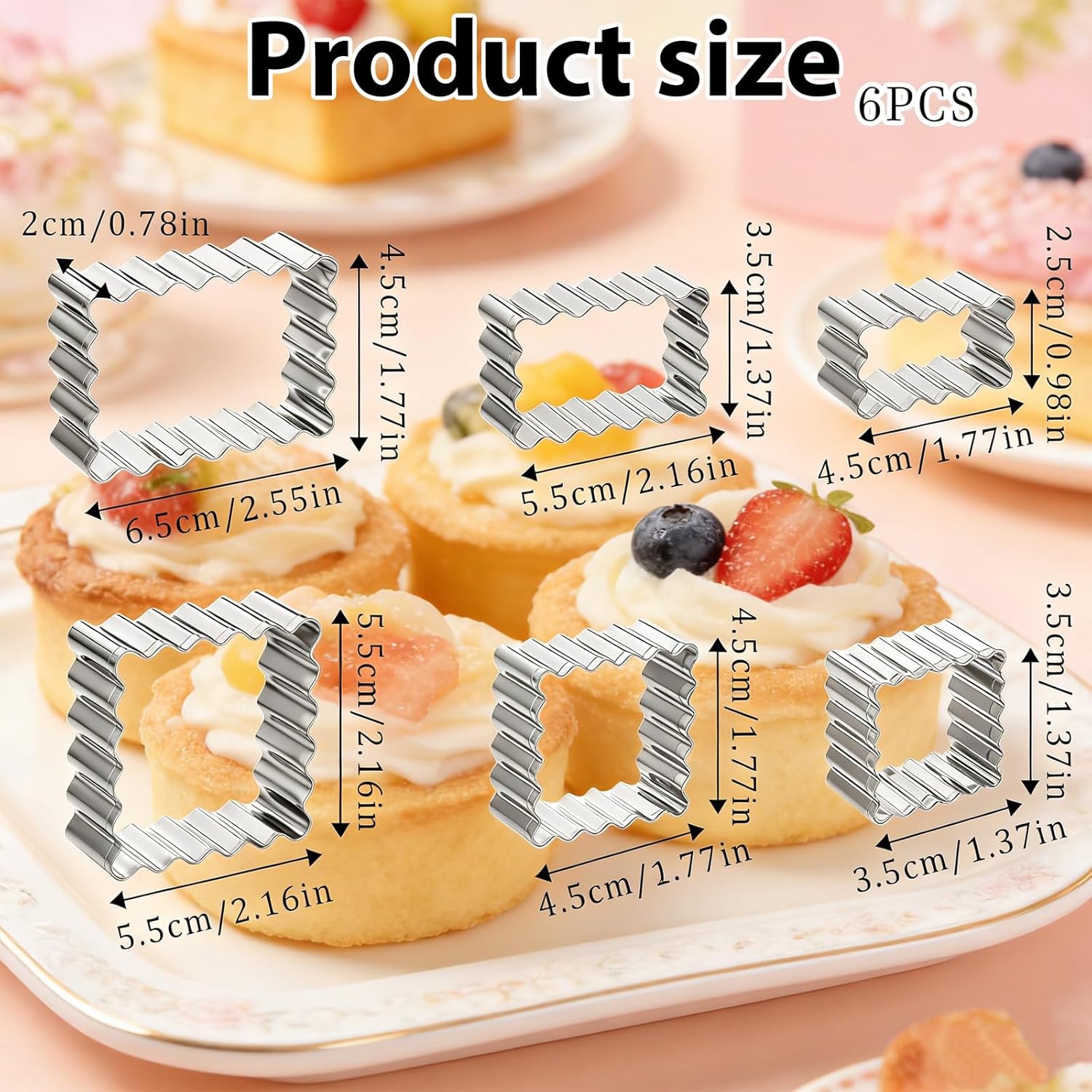 6 Pcs Scalloped Cookie Cutter Set, Square Cookie Cutter, Wavy Rectangle Cookies Cutters Set Scalloped Cutters Reusable Cookies Mold with Jagged Edge Design for a Special Event Holiday Everyday Treat