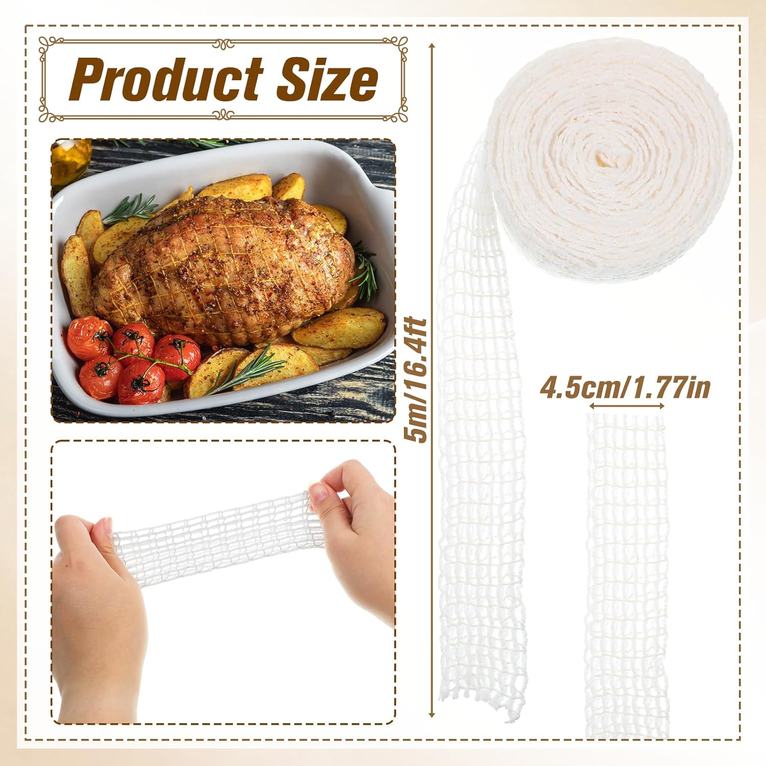 16.4ft Meat Netting, Size 18 Meat Netting Roll Elastic Smoked Meat Poultry Ham Netting Meat Butcher Twine Net Wrapping Net for Meat Cooking, Drying