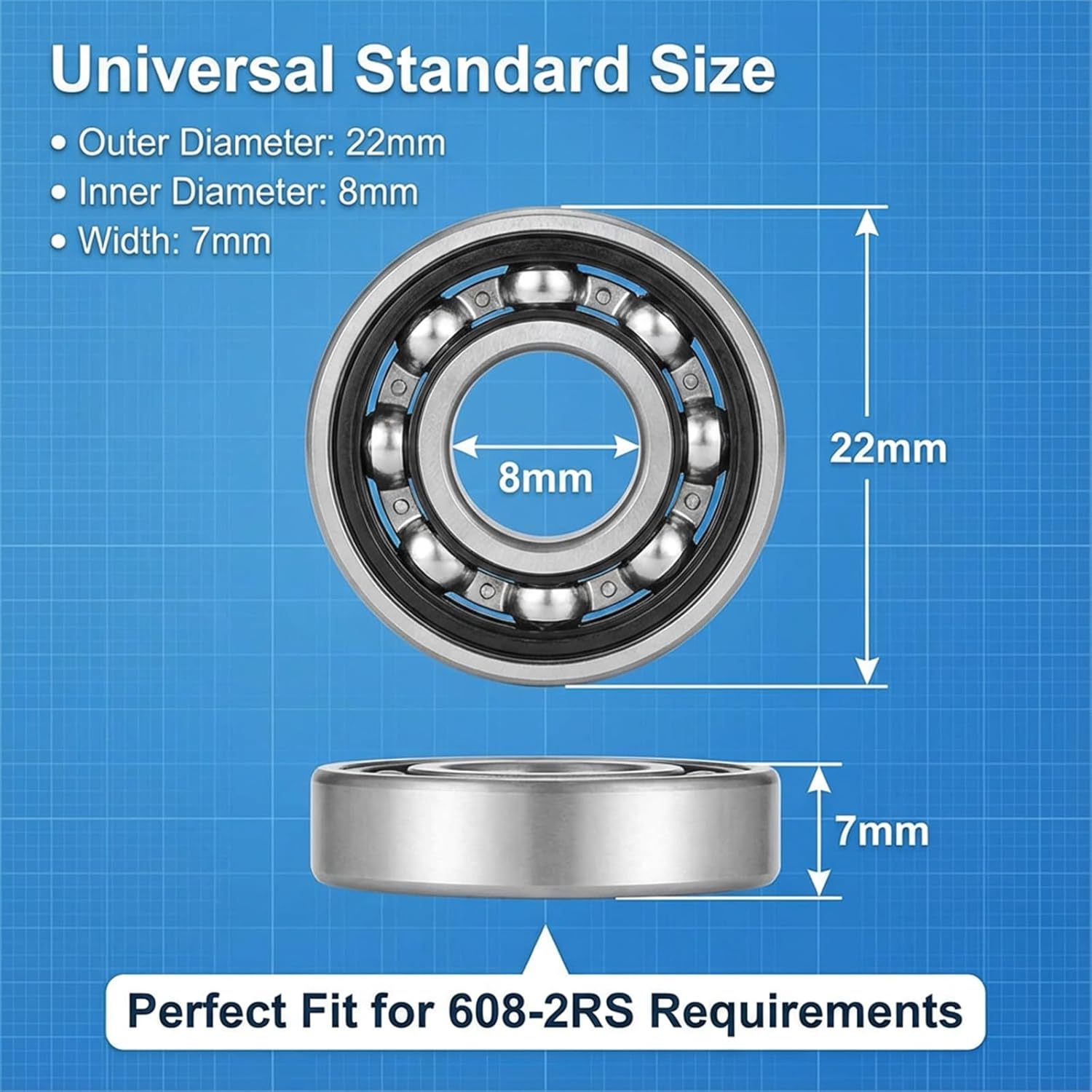 10 Pcs 608-RS Ball Bearing, Double Rubber Sealed Miniature Deep Groove Bearing Steel 608rs Bearings for Skateboards, Inline Skates, Scooters, Roller Blade Skates & Long Boards (8mm x 22mm x 7mm)