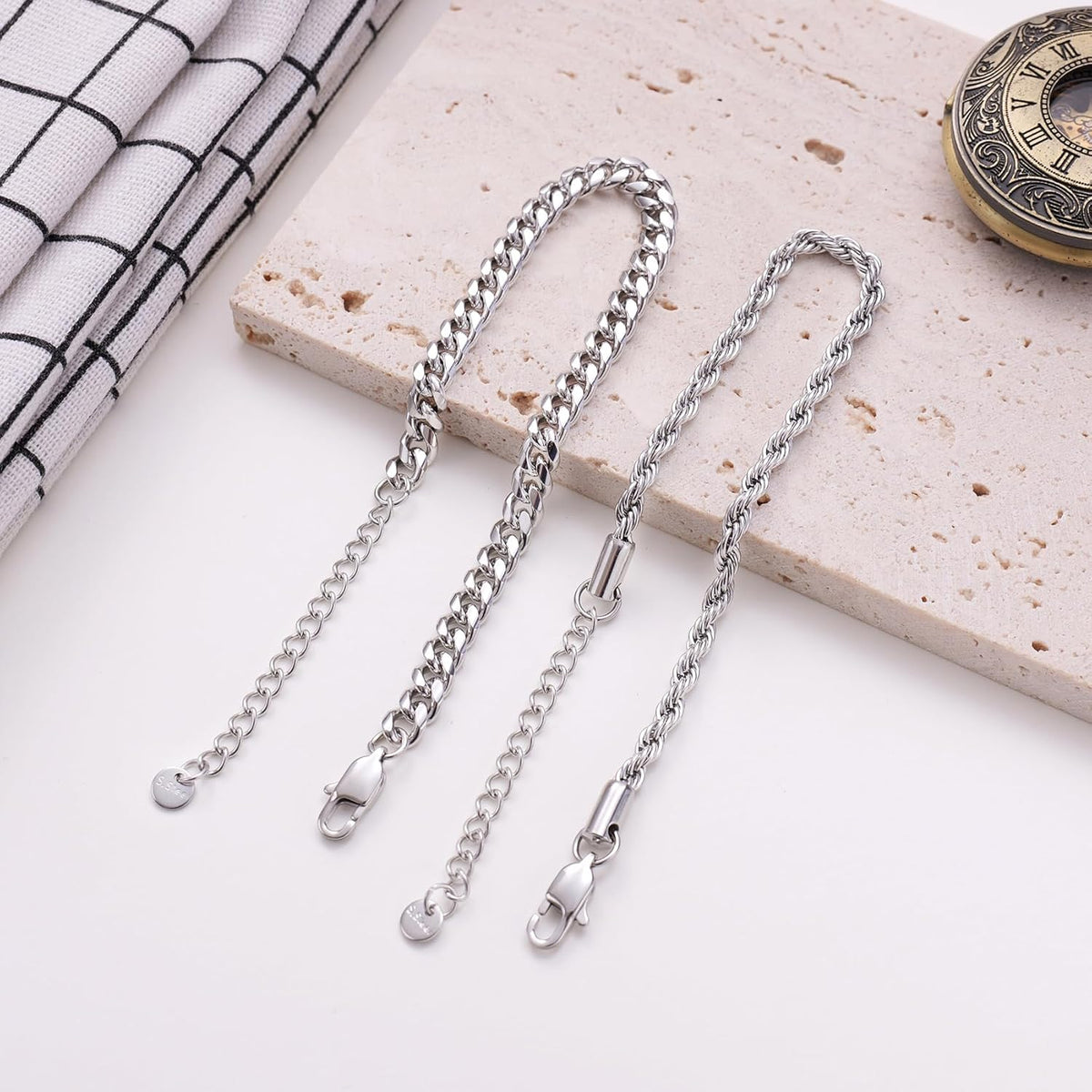 Kvekstio 2 Pieces Mens Sterling Silver Figaro Cuban Chain Bracelet Gift for Husband Boyfriend, Adjustable Cuban Link Bracelet