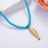Kvekstio Turquoise Beaded Choker Necklace for Women, Gold Fish Pendant Necklace with Gold Chain, Elegant Boho Beach Summer Gift