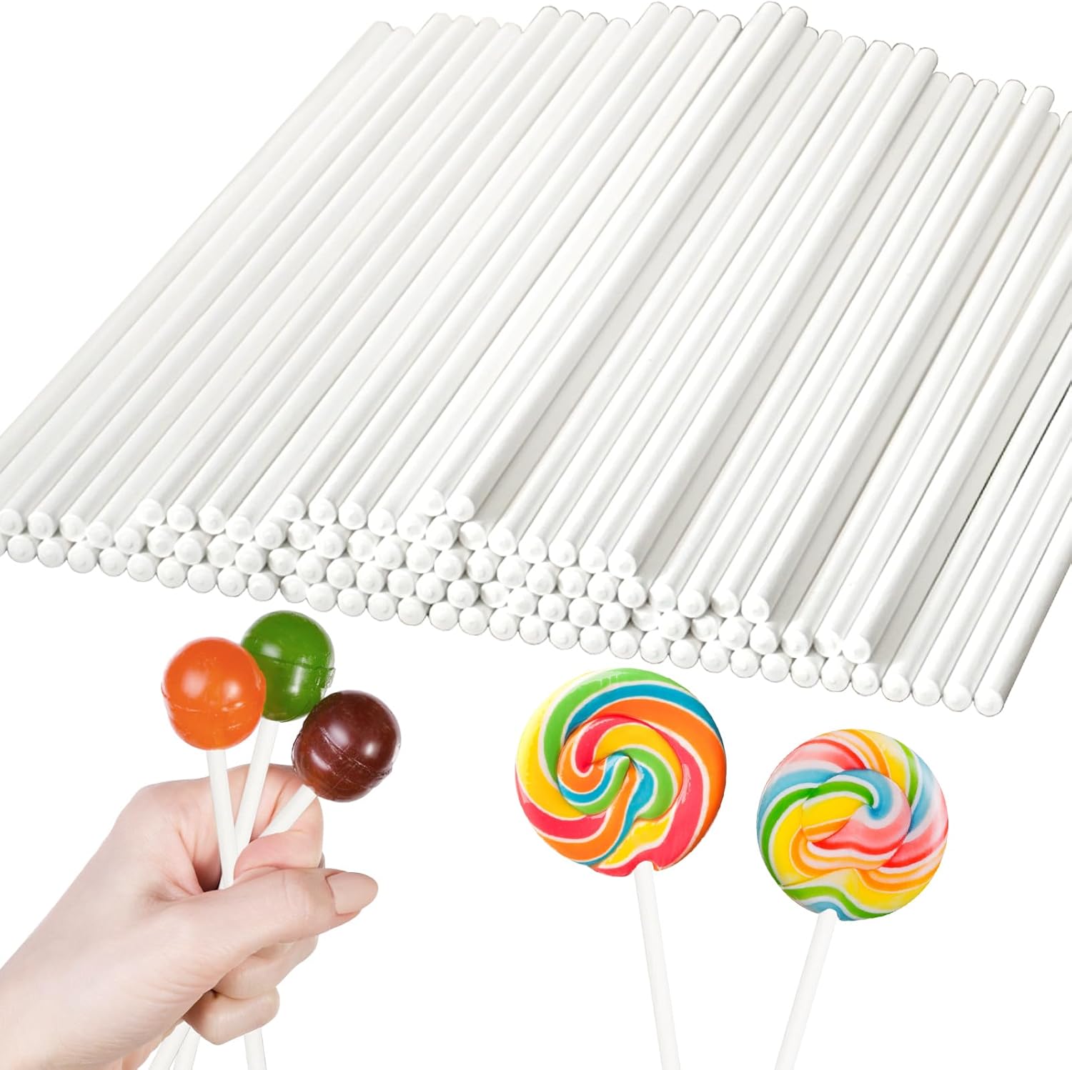 100 Pack 8 Inch White Lollipop Sticks,Long Paper Treat Sticks,White Paper Cake Pop Stick for Homemade Candy,Cupcake Toppers,Chocolate,Dessert (Dia 4mm)