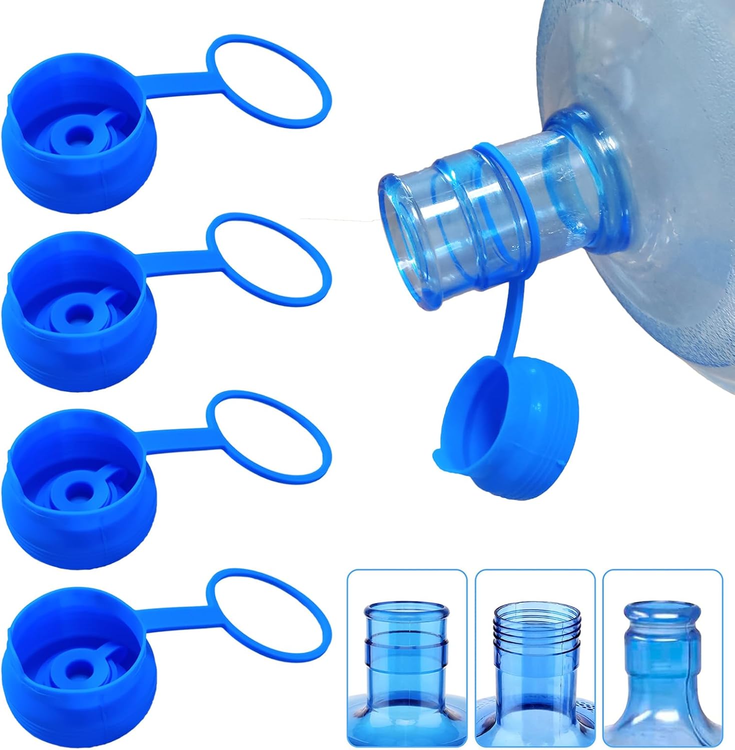 3 & 5 Gallon Water Jug Cap Reusable, Food Grade Silicone Replacement Gallon Caps for 55mm Standard/Screw/Crown Tops Water Bottle and Water Dispensers, Non-Spill Lids for Anti-Splash, Leak Free (3PCS)