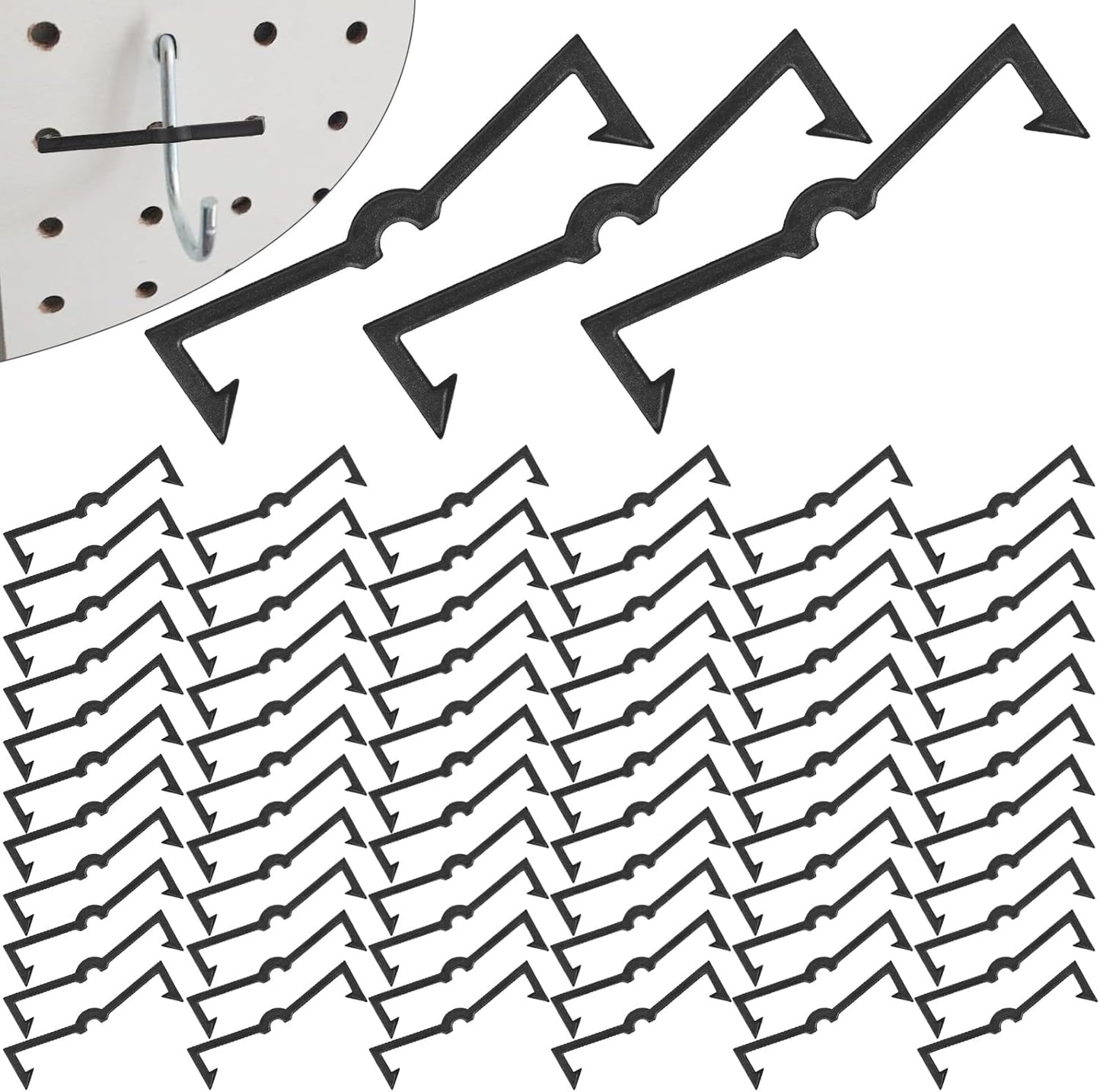 Black Peg Locks Plastic Pegboard Hook Locks Pegboard Display Hook Organizer Fixer Peg Board Hook Clip Retainers Pegboard Hook Organizer for Standard 1/4" and 1/8" Pegboard（60Pcs）