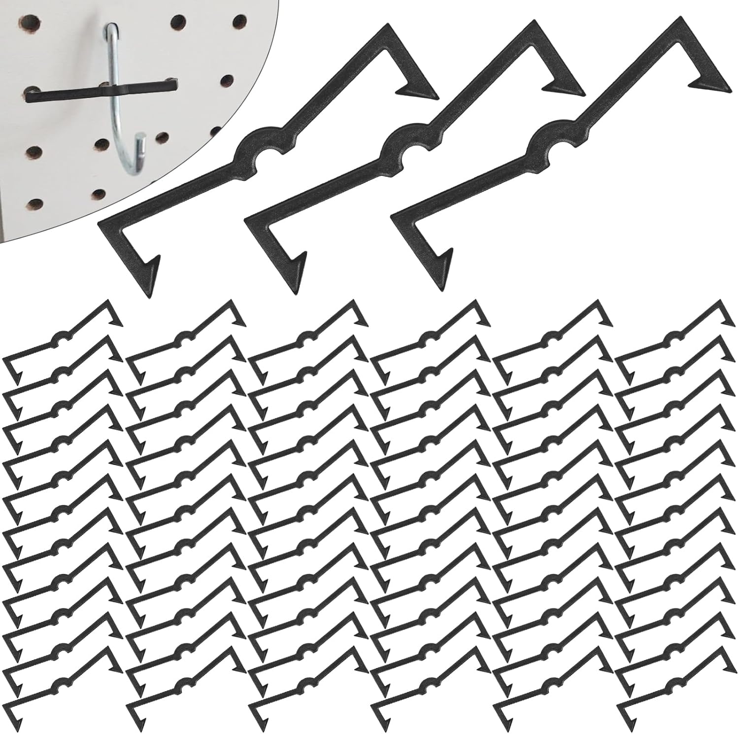 Black Peg Locks Plastic Pegboard Hook Locks Pegboard Display Hook Organizer Fixer Peg Board Hook Clip Retainers Pegboard Hook Organizer for Standard 1/4" and 1/8" Pegboard（60Pcs）