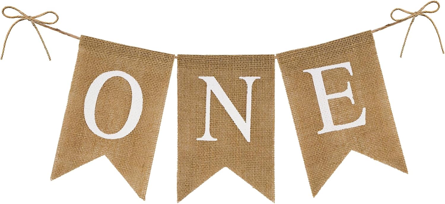 Burlap One Banner - NO DIY One Highchair Banner First Birthday Boy Girl Banner Sign Decoration 1st Happy Birthday High Chair Banners for Babies Photo Prop Party Decoration Indoor Outdoor