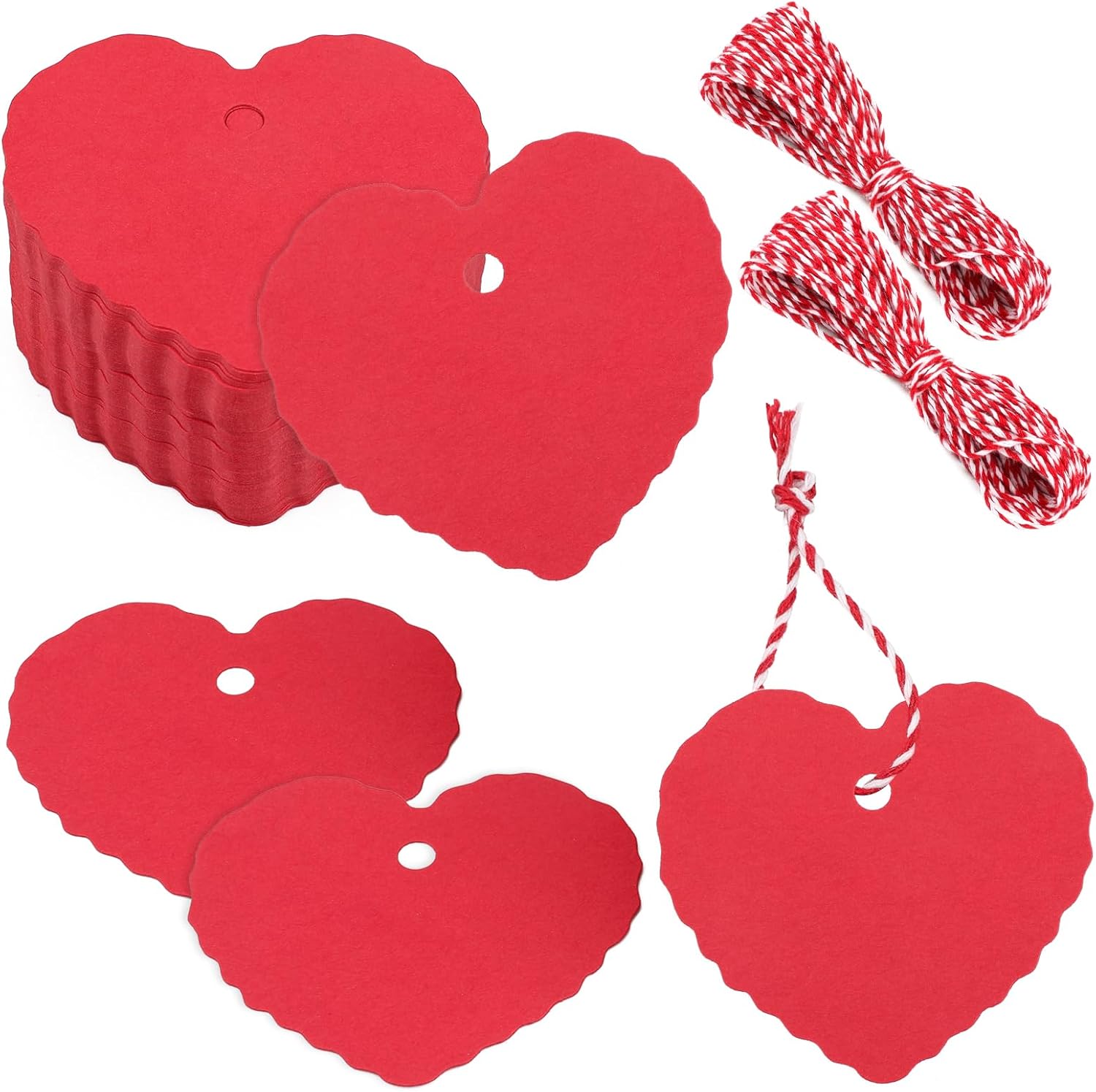 100Pcs Valentines Gift Tags - Heart Shape Gift Tags with String Red Heart Hanging Paper Tag Happy Valentines Galentines Heart Gift Tag for Present Baby Shower Birthday Party Wedding Favors