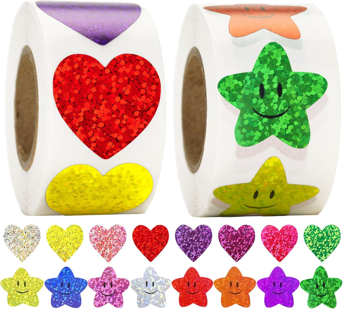 Heart Stickers Star Stickers - 1000Pcs 1Inch Glitter Heart Sticker and Smiley Face Star Sticker for Kids Reward Teacher Classroom Crats DIY Envelope Seal Card Gift Wrapping