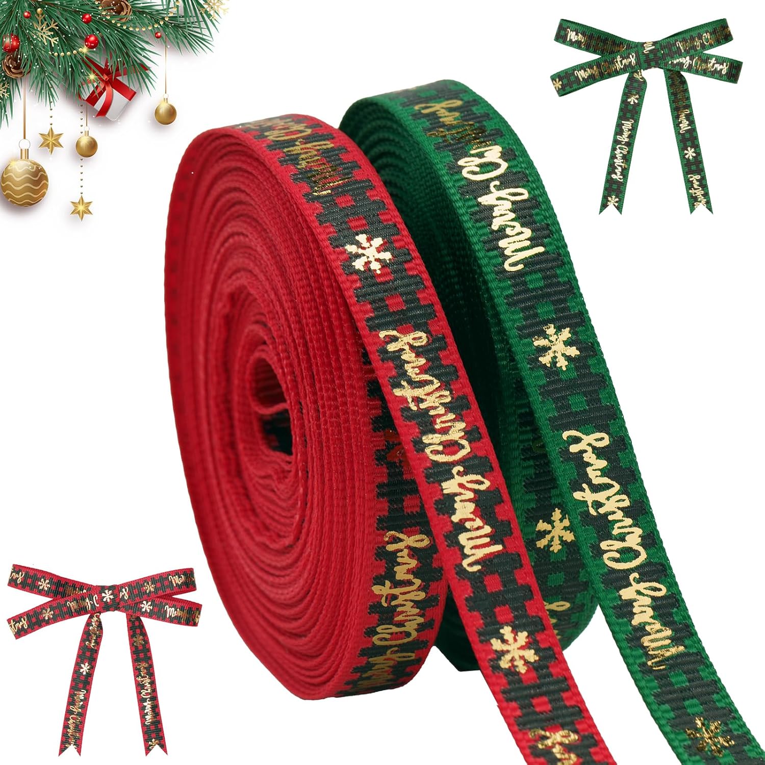 Christmas Ribbon, 3/8 Inch, 20 Yard, Red and Green Merry Wrapping Ribbon for Craft Wreath Decor Bow Flower Bouquet (2 Roll)