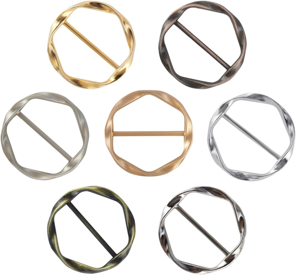 Tie Clips for Women & Girls - Twist Tee Knot Scarf Clip Waist Clothes Corner Knotted Button Fashion Metal Circle Buckle Alloy Clothing Ring Wrap Holder Round Scarves Clasp 