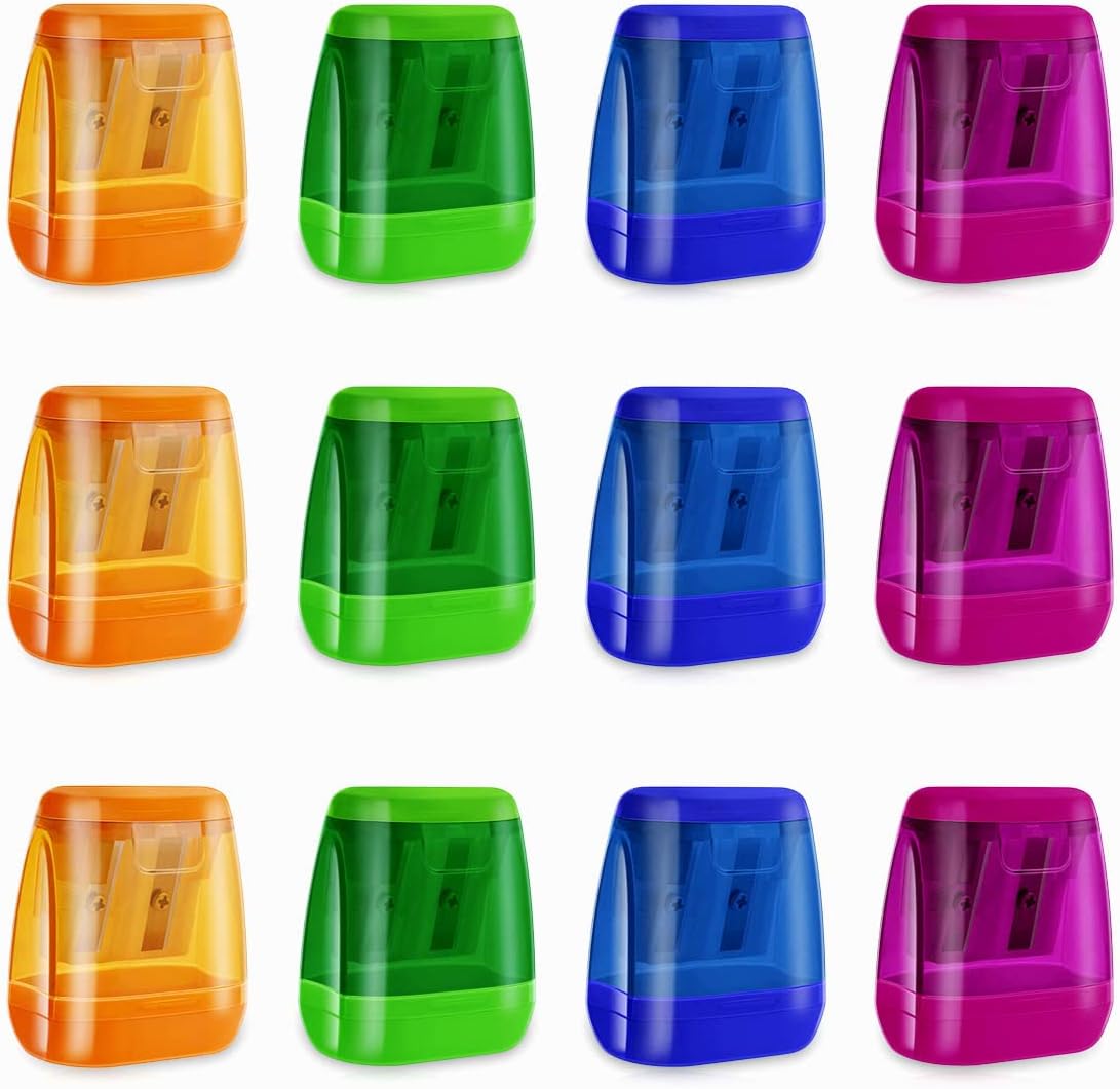 12 Pcs Manual Pencil Sharpener for School Office Home Sharpeners Kids with Lid Colored Compact Dual Holes Portable Handheld Plastic Adults Students Class 