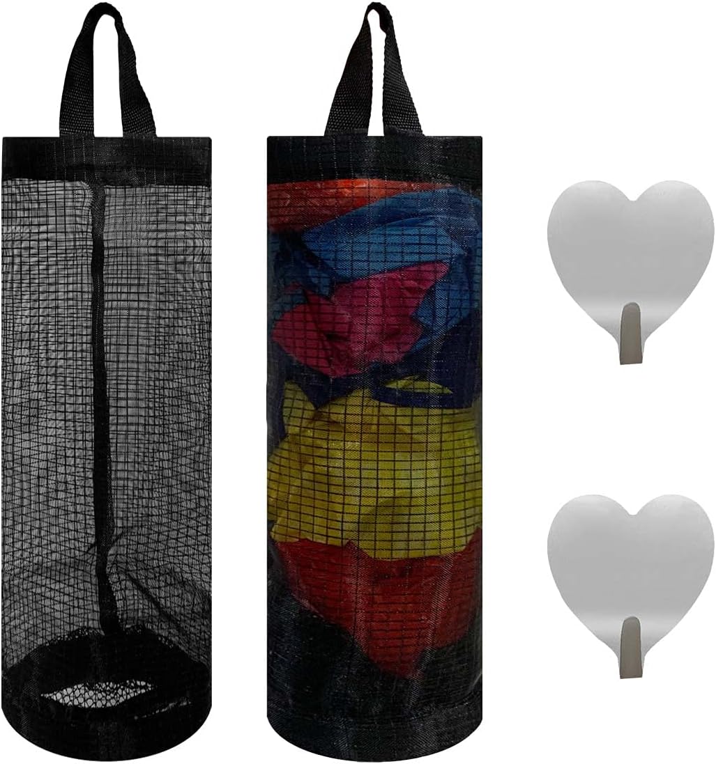 2 Pcs Plastic Bag Holder Trash Bags Storage Dispenser Organizer for Home Kitchen Mesh Hanging Dispensers Recycling Garbage Folding Grocery with Hooks (Black) 