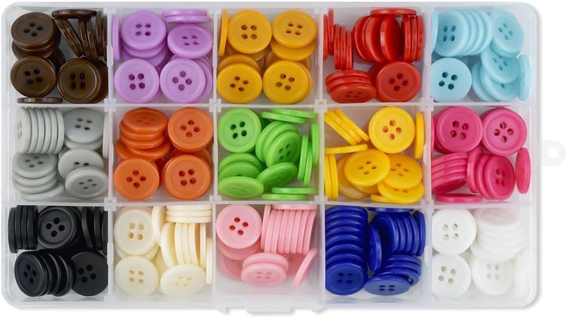 300 Pack Colorful Buttons for Craft DIY 15 Assorted Colors Resin Round Sewing Flatback Button with Box 4 Holes Crafts Mixed Color Manual Handmade Ornament (15mm) 