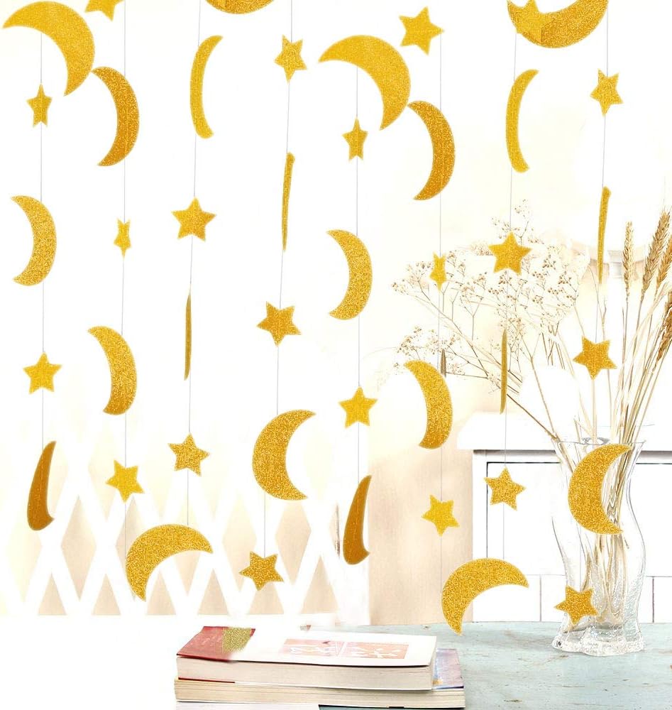 50ft Glitter Moon & Stars Garlands, 6 Pack Gold Double-Side Crescent and Twinkle Paper Hanging Decorations for Birthday Party Baby Shower Engagement Wedding Nursery Kids Room Home Bedroom 