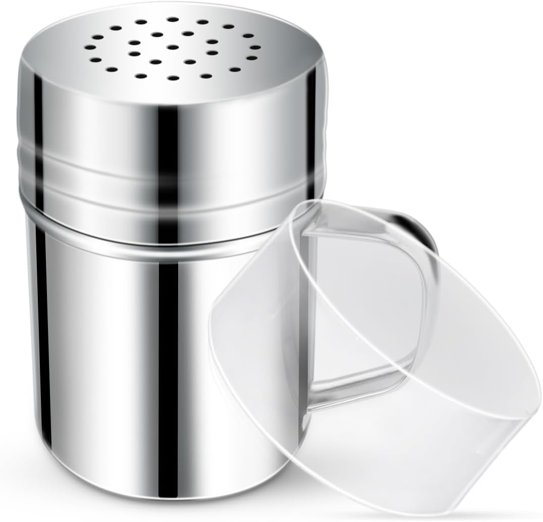 Stainless Steel Dredge Shaker Spice Shakers with Handle Powdered Sugar Pepper 6 Oz Metal Salt Holes and Lid Fine Powder for Cinnamon Cocoa Flour Baking Seasoning 
