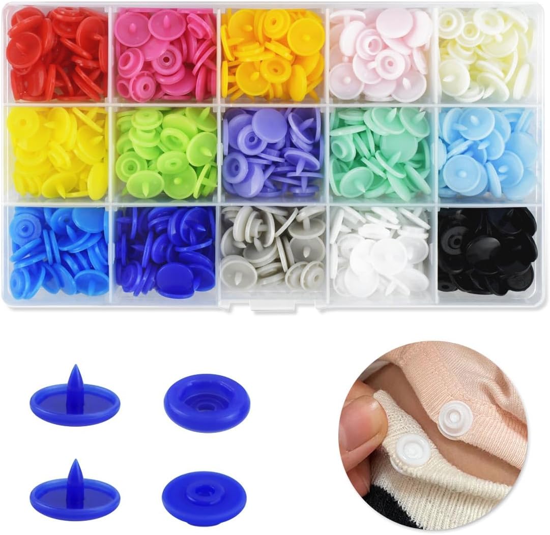 150 Sets Plastic Snaps Fasteners T5 Resin Snap Buttons Kit for Clothing Sewing Crafting No-Sew Round with Storage Organizer Crafts Cloth Diaper Bibs Bags (15 Colors) 