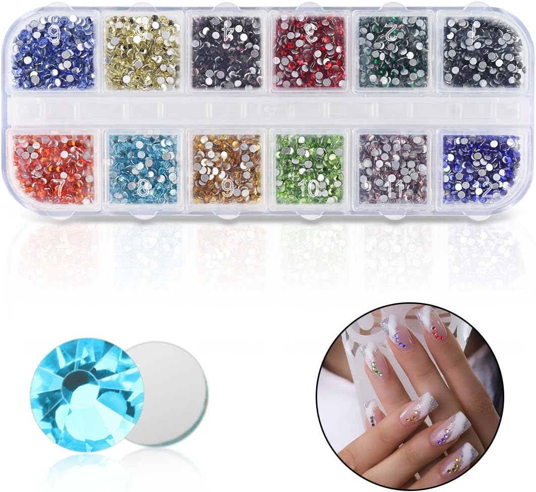 2400 Pieces Flat Back Rhinestones Colorful Round Glass Gems for Nail Art & Face Makeup Flatback Crystal Rhinestone Crafts DIY Clothes Shoes Bags Manicure Diamond (12 Colors) 