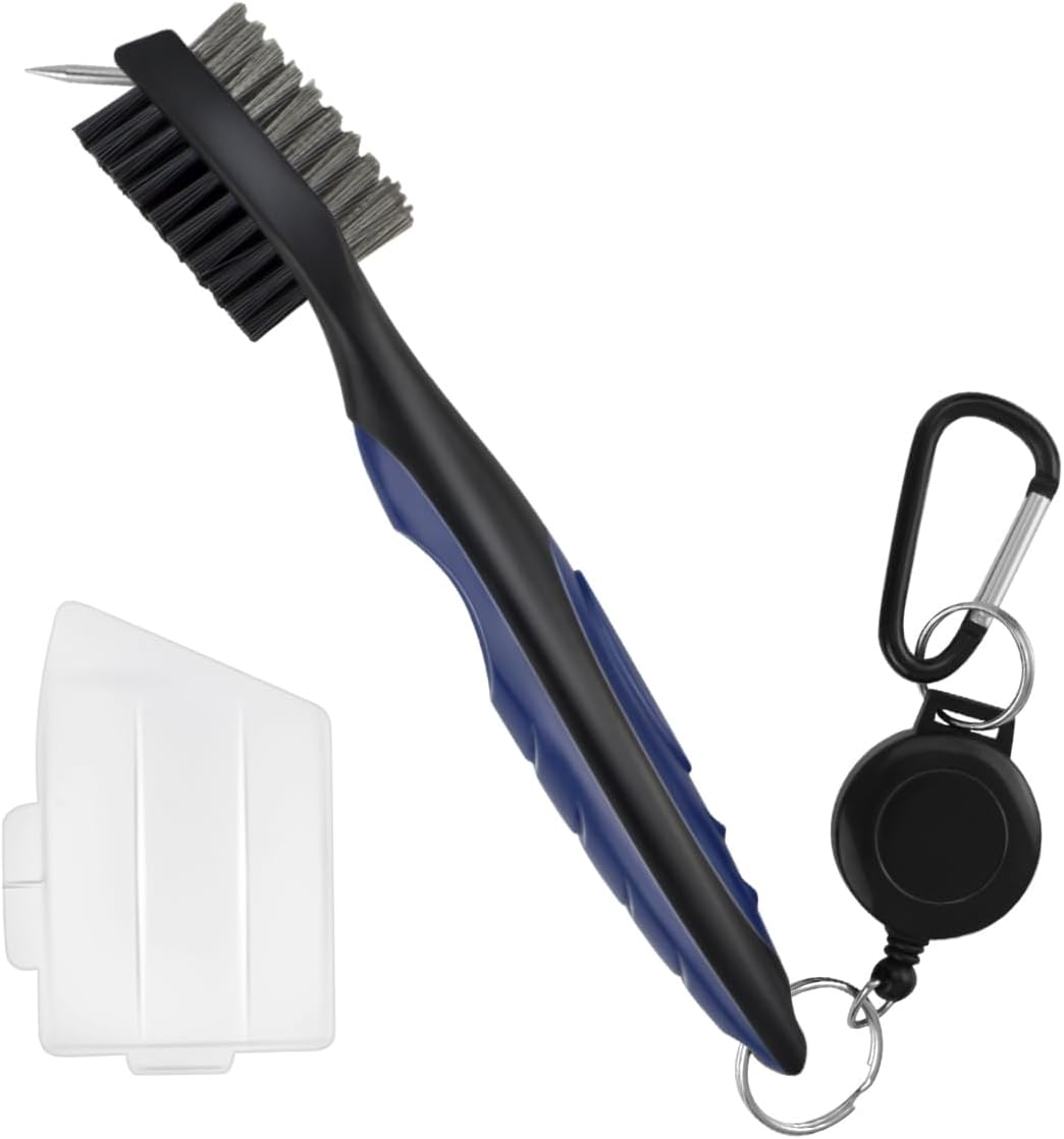 Golf Club Brush and Groove Cleaner Retractable Zip-Line Cleaning Tool Brushes with Aluminum Carabiner Oversized Head Spike Non-Slip Handle Grip Bag Tools 