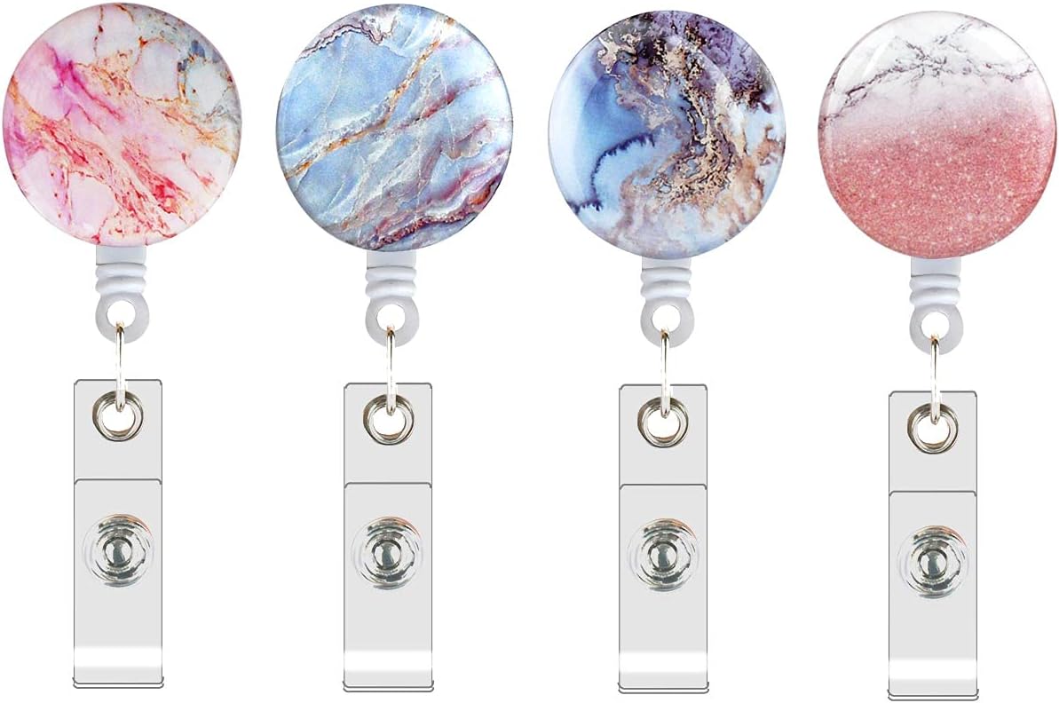 4 Pack Marble Badge Alligator Clip Retractable Reel Id Name Card Holder for Nurse Doctor Office Worker Student Decorative Holders Carabiner Cute Nursing Pink Blue Color2 