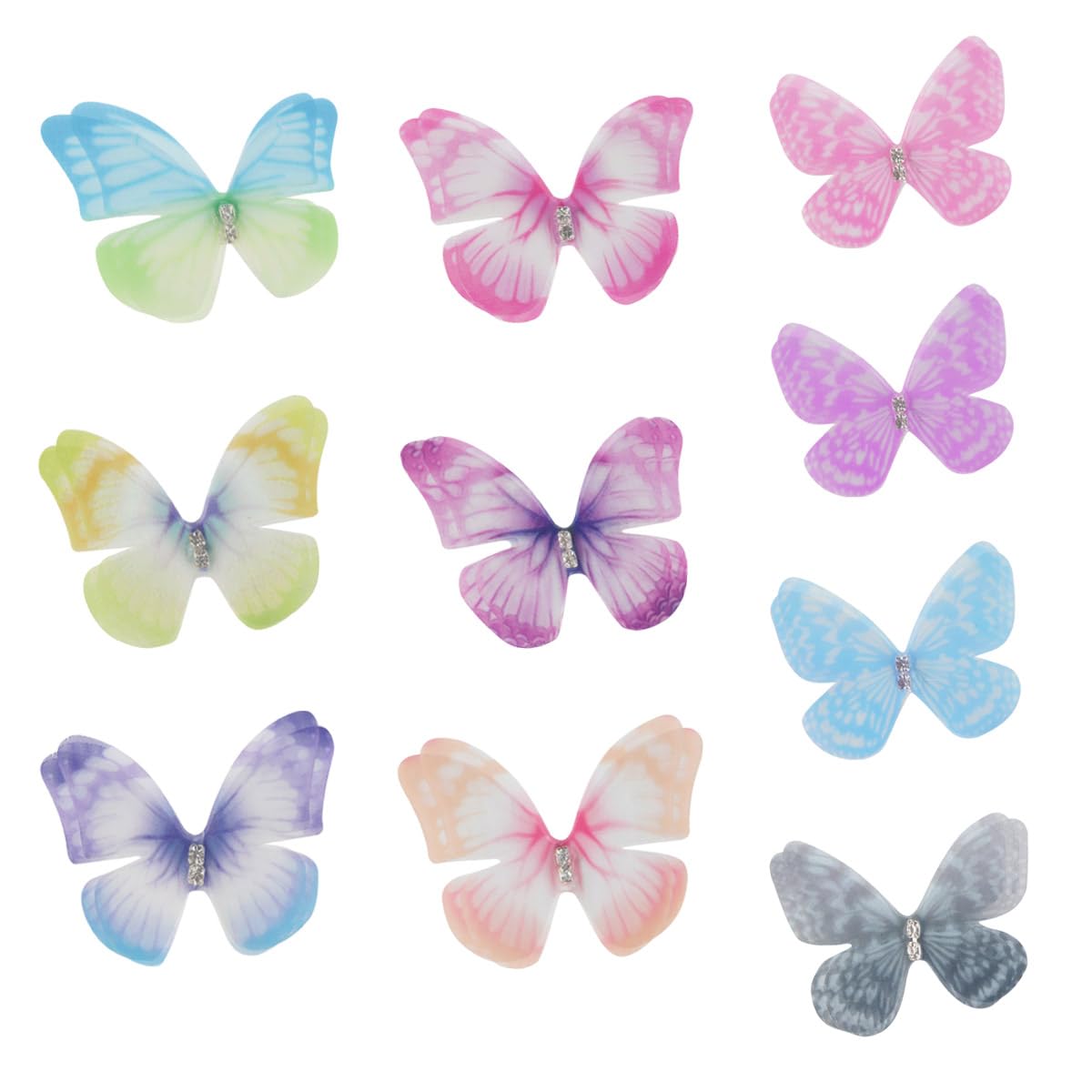 30 Pieces Colorful Organza 3D Lace Wings Wall Decoration for Crafts, Wedding, Party, and Home Decor (10 Styles, 2 Layers Appliques) 