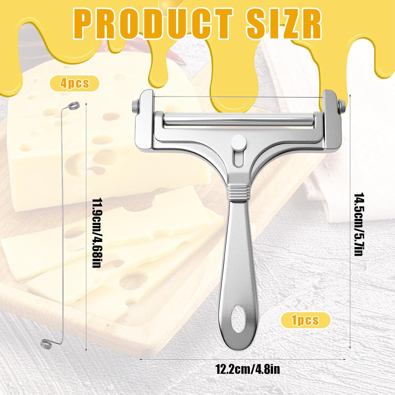 Stainless Steel Wire Cheese Slicer With 4 Extra Wires Adjustable Thickness, Handheld Cheese Cutter Butter Block Cutter for Cheddar, Gruyere, Raclette, Mozzarella Kitchen Slicing Tools
