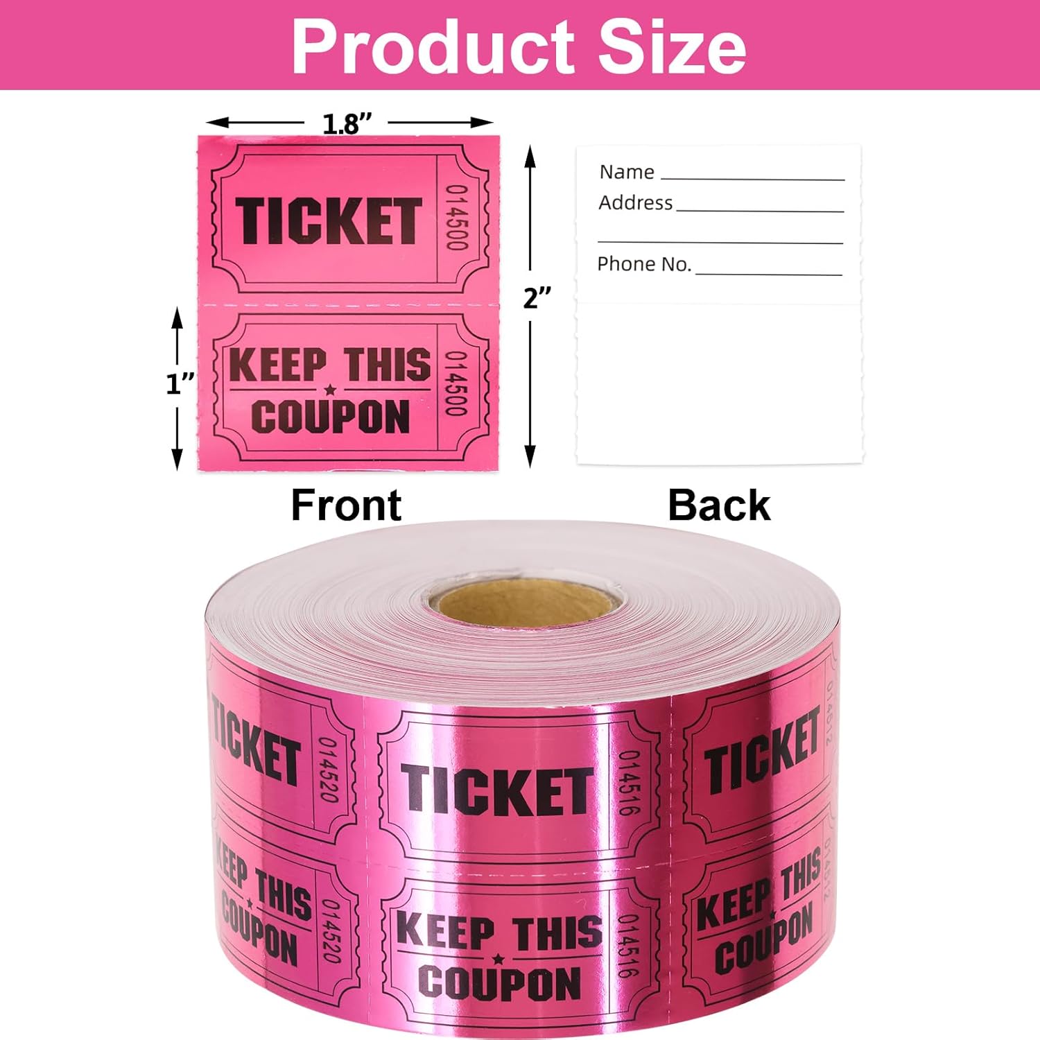 ceiba tree 1000 Raffle Tickets Double Roll Metallic Pink Foil Ticket for Events Carnivals Entry Class Reward Prizes Pink Party Supplies