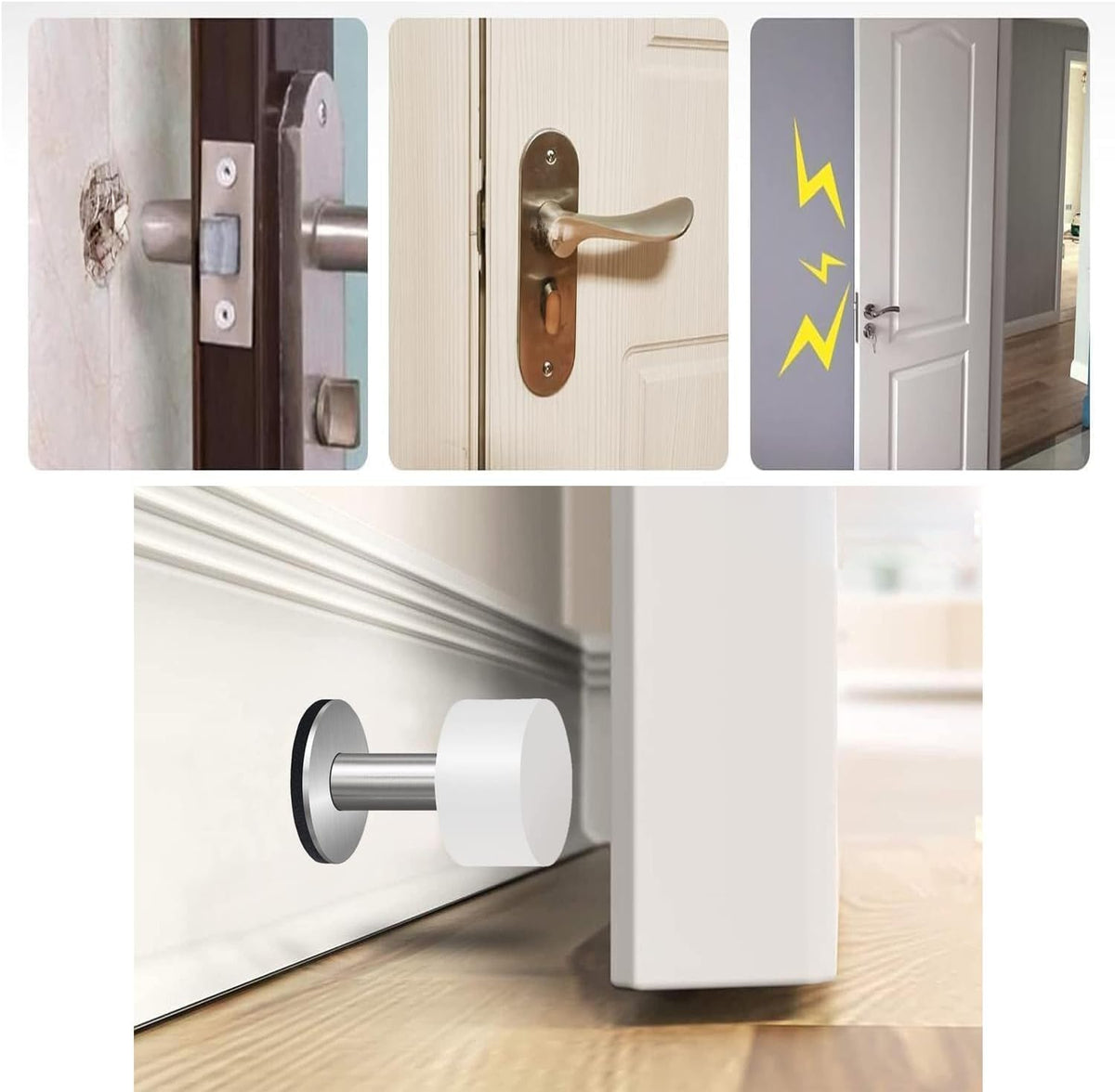 Door Stoppers with Extra Stickers, Self-Adhesive Door Stop with White Rubber & Stainless Steel Body - Sound Dampening Door Bumpers for Home & Office, Door stoppers for Bottom of Door (Medium-2.56inch)
