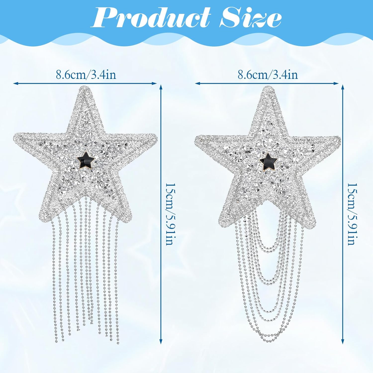 6PCS Rhinestone Star Iron on Patches, Shiny Silver Rhinestone Tassel Star with Chains Glitter Sequin Patches for Trucker Hats Jeans Bags Backpacks Jackets Denim DIY Appliques Art Crafts