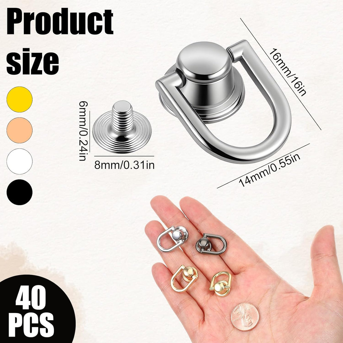 40 Pcs D Rings for Purse, Small Stud Screw Rivets for Leather Crafting, Versatile Purse Rotatable D Ring Stud, Wallet Crossbody Conversion Kit (Black+Silver+Gold+Light Gold)
