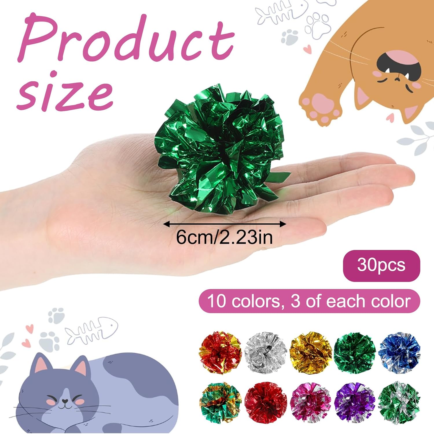 Vin Beauty 30 Pcs Cat Crinkle Balls Toy 2.36 Inch Interactive Crinkle Balls for Cats, Colorful Chew and Chase Training Activity Cat Toys for Indoor Kittens to Keep Fit Active