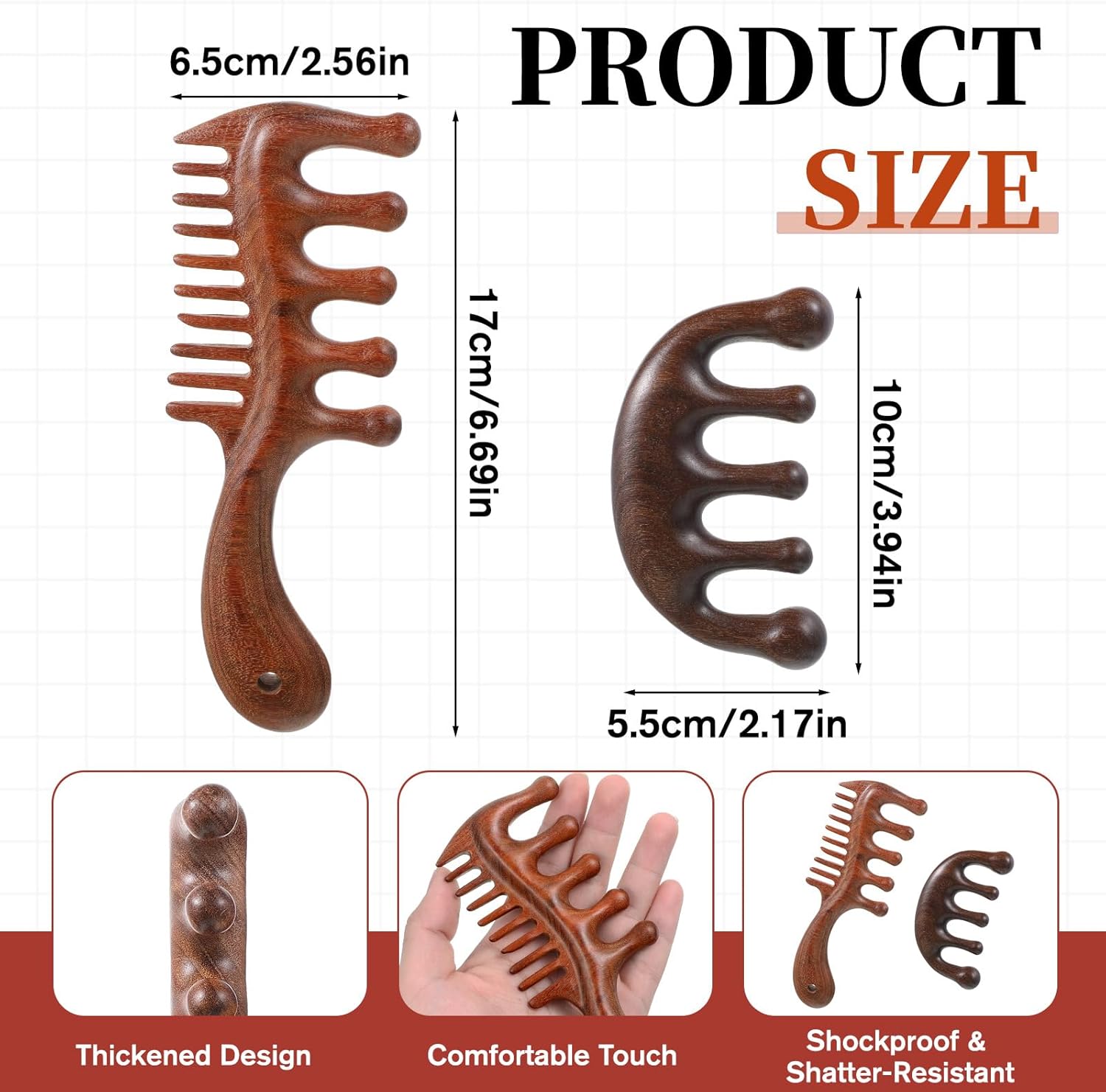 Vin Beauty 2 Pcs Wooden Scalp Massager Comb, Wood Scalp Massager 2 in 1 Wide Fine Tooth with Handle for Hair Growth for Curls Women Men Detangles Long Thick Wet Dry Head Anti-Static Care Relief
