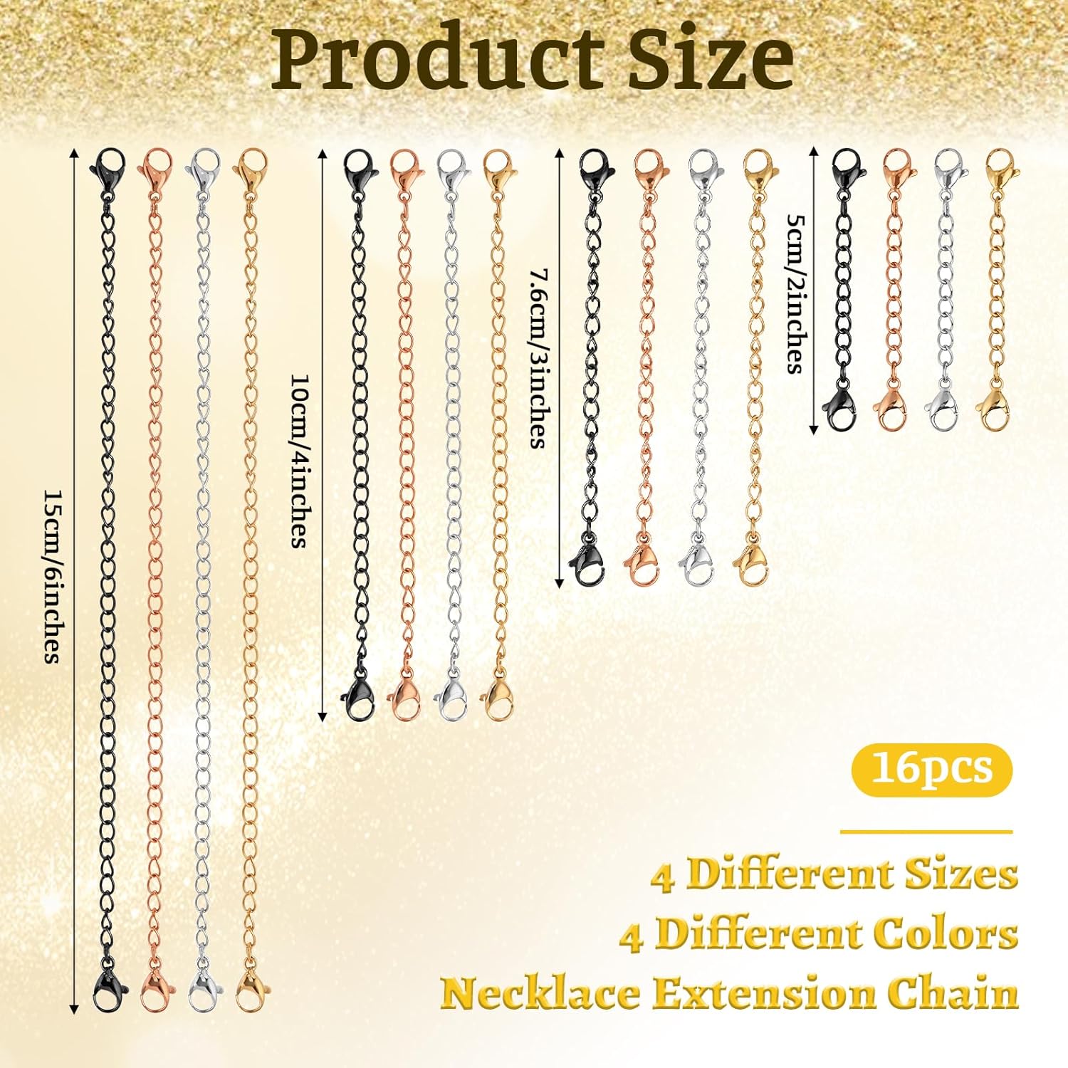16Pcs Necklace Extenders for Women Necklace Extension Connector Lobster Claw Jewelry Chain Stainless Steel Chain Extenders Assorted Sizes Colors for Necklaces, Bracelet and Anklet Jewelry Making