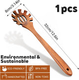 Spaghetti Spoon Wooden Pasta Spoon with Teeth Spaghetti Fork Tongs 12.5 Inch Teak Slotted Strainer Spoons for Cooking Serving Collecting, Wooden Fork Server Utensil with Claws, Wood Noodle Strainer