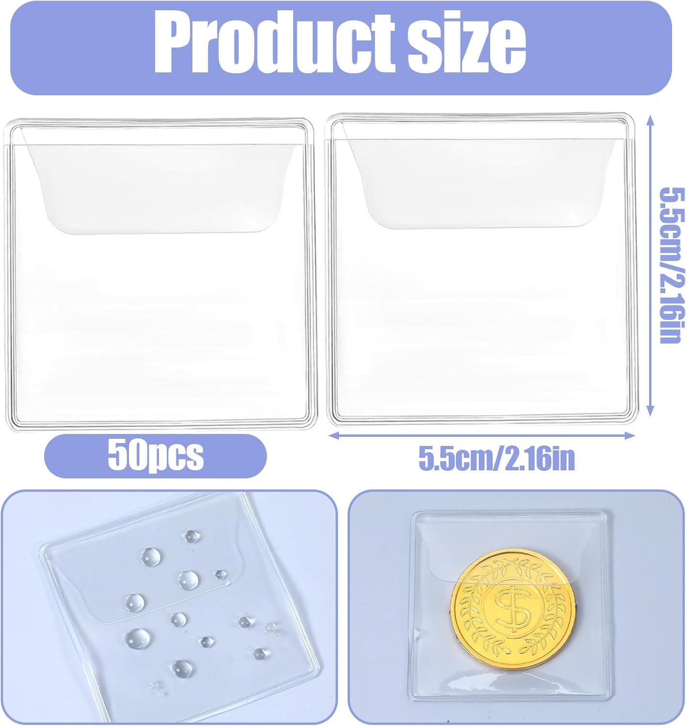 50 Pack Plastic Coin Sleeves, 2.1 x 2.1 Inch Clear Plastic Coin Protectors Small Pouches for Coins Holder Storage Individual Coins Holders for Currency Bills Collectors
